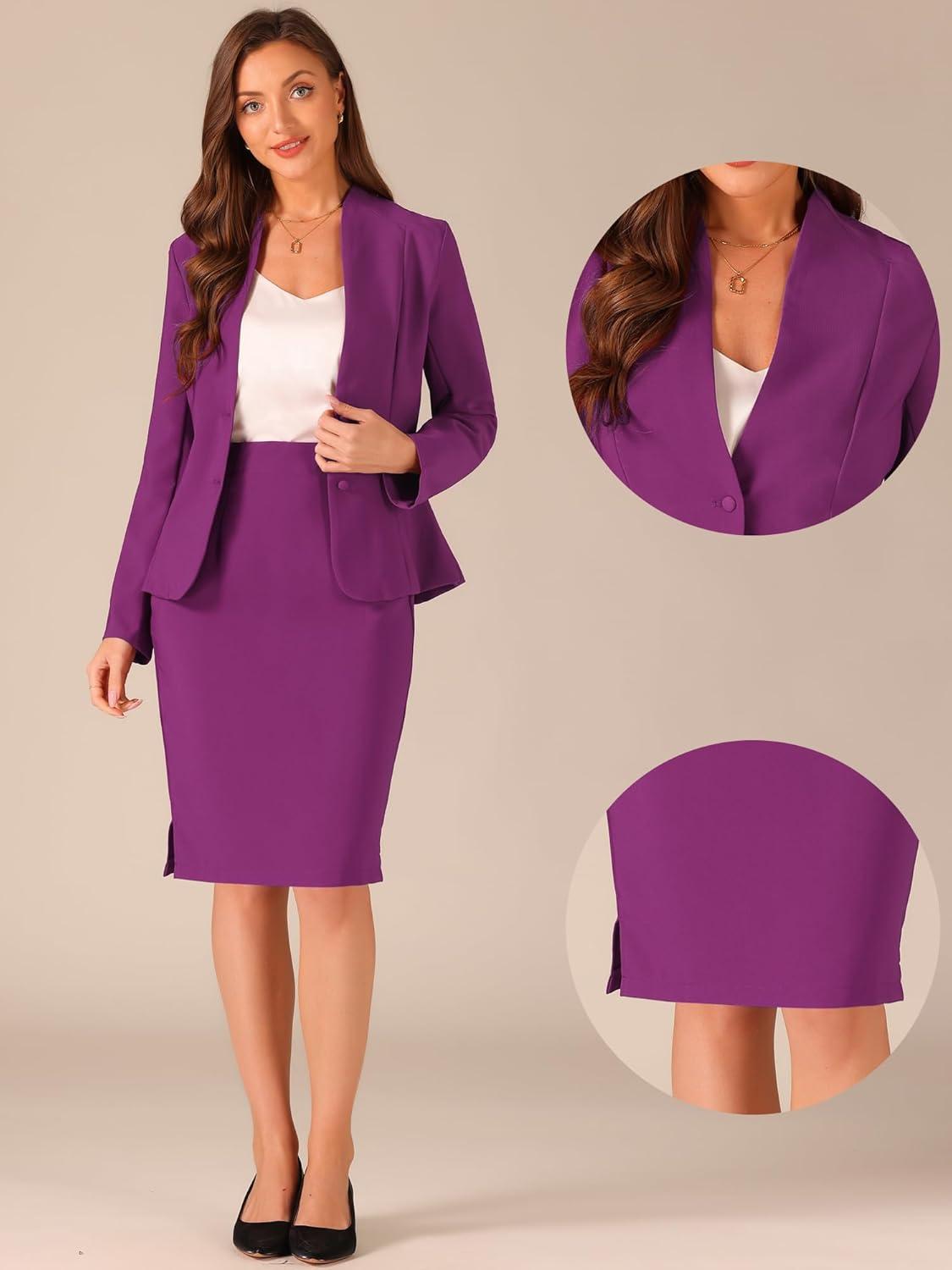 imageAllegra K Suits 2 Piece Skirt Set for Womens Business Office Outfits Collarless Blazer Pencil Skirts Suit SetsDark Purple