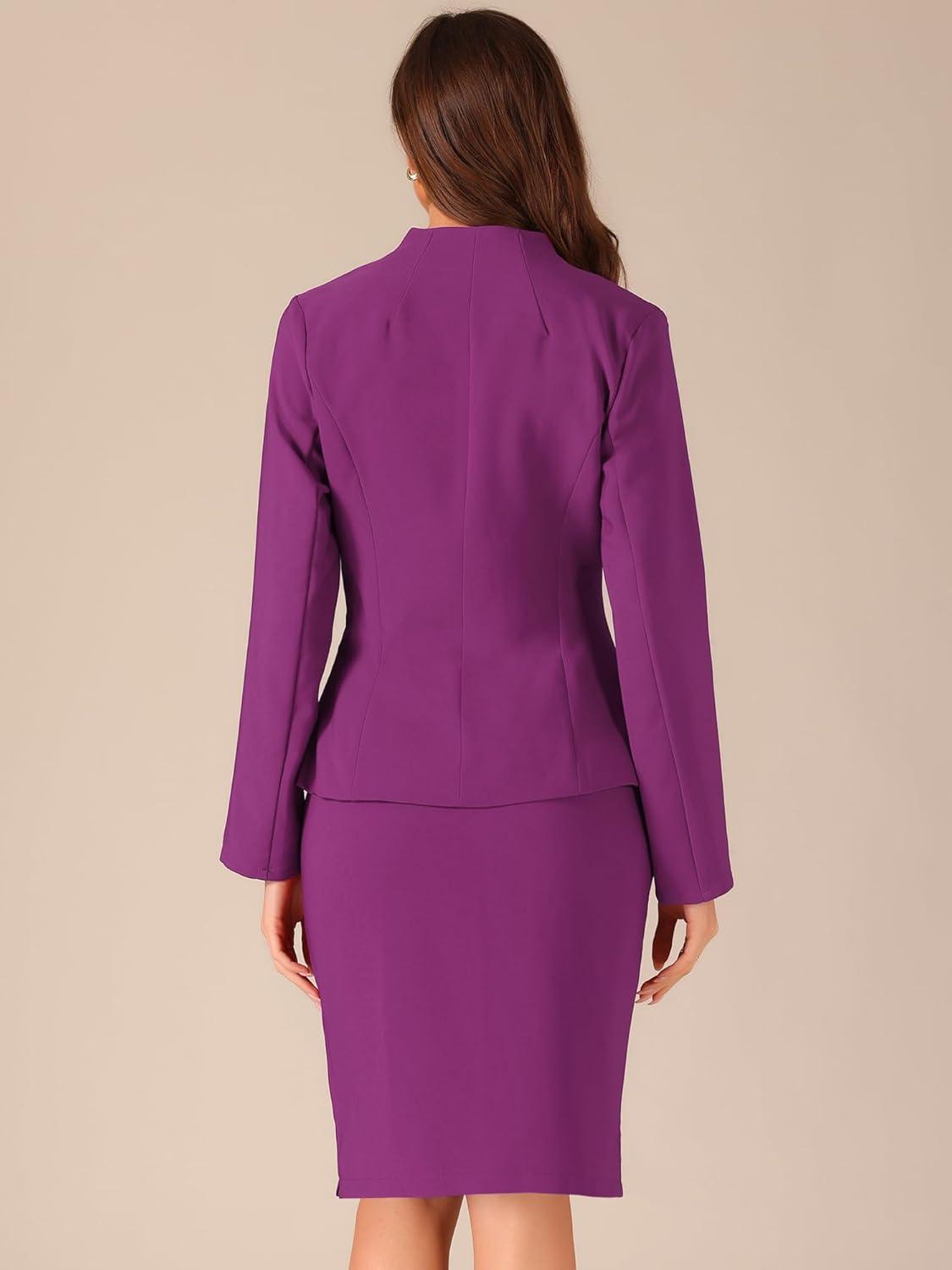 imageAllegra K Suits 2 Piece Skirt Set for Womens Business Office Outfits Collarless Blazer Pencil Skirts Suit SetsDark Purple