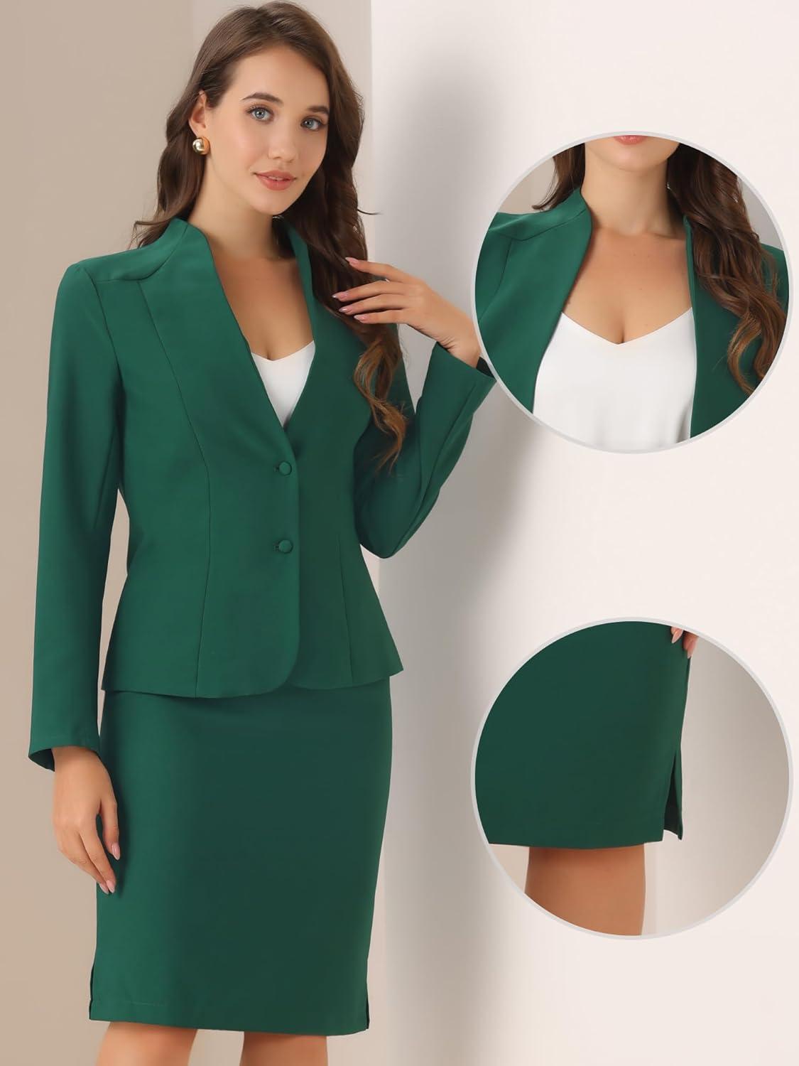 imageAllegra K Suits 2 Piece Skirt Set for Womens Business Office Outfits Collarless Blazer Pencil Skirts Suit SetsGreen
