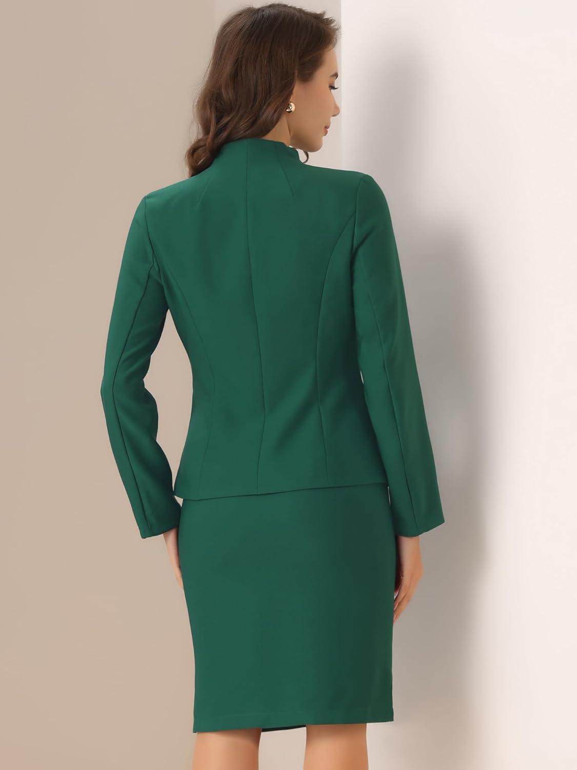 imageAllegra K Suits 2 Piece Skirt Set for Womens Business Office Outfits Collarless Blazer Pencil Skirts Suit SetsGreen