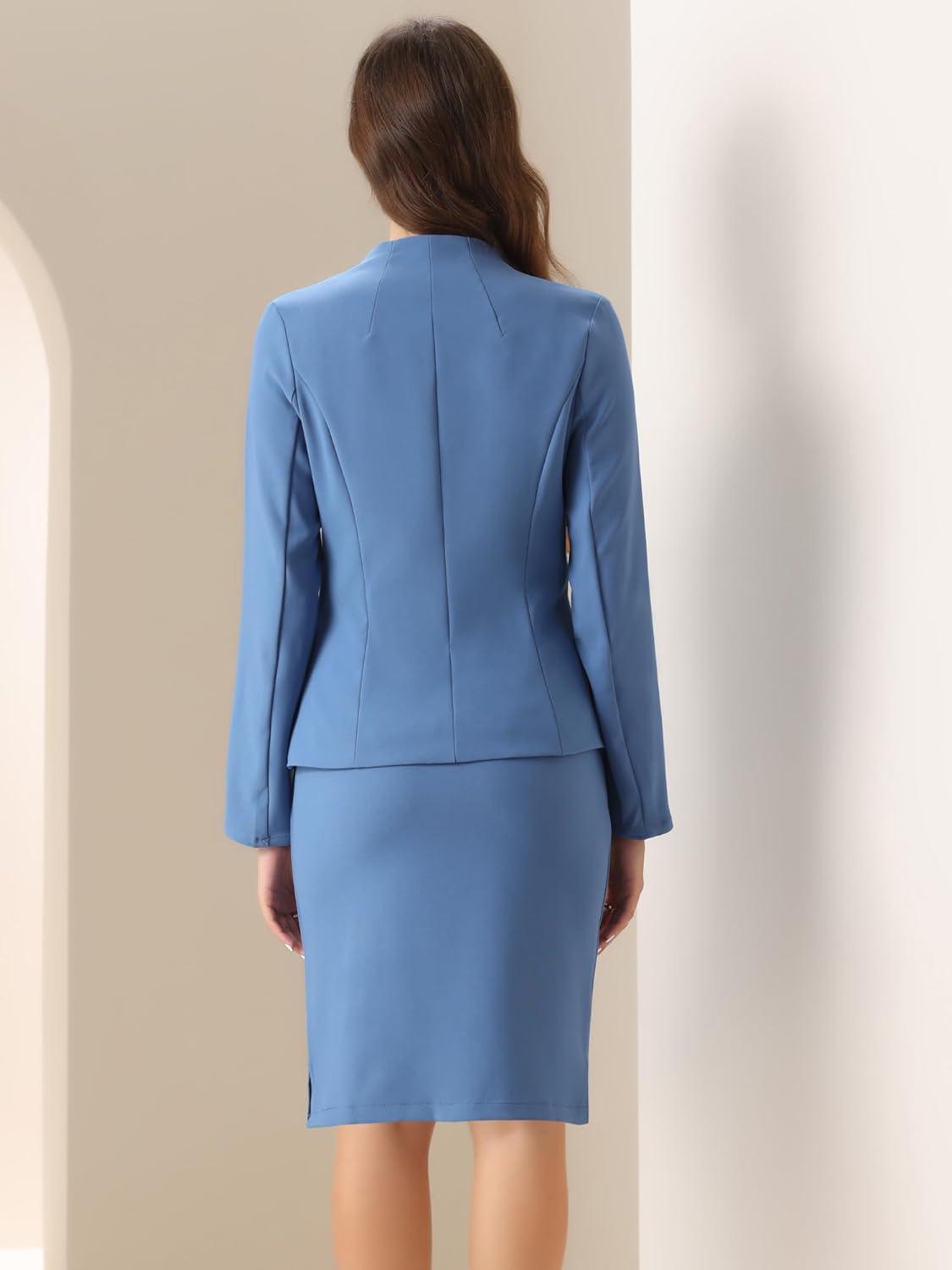 imageAllegra K Suits 2 Piece Skirt Set for Womens Business Office Outfits Collarless Blazer Pencil Skirts Suit SetsGrey Blue