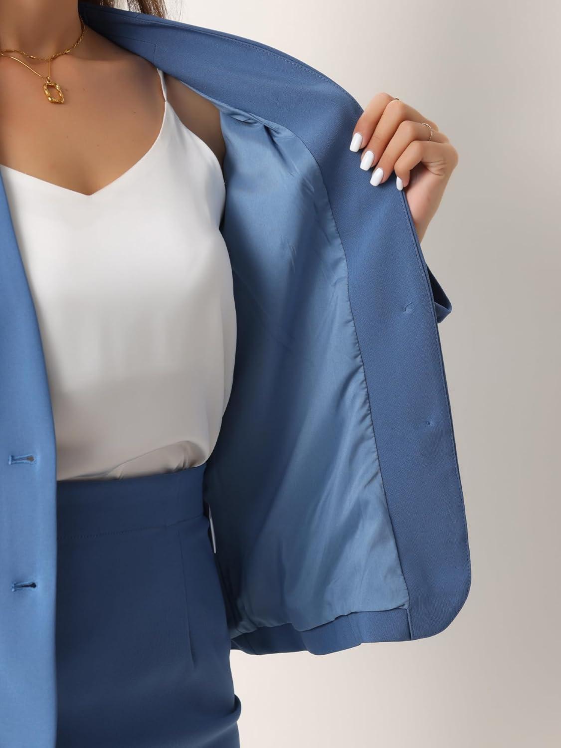 imageAllegra K Suits 2 Piece Skirt Set for Womens Business Office Outfits Collarless Blazer Pencil Skirts Suit SetsGrey Blue