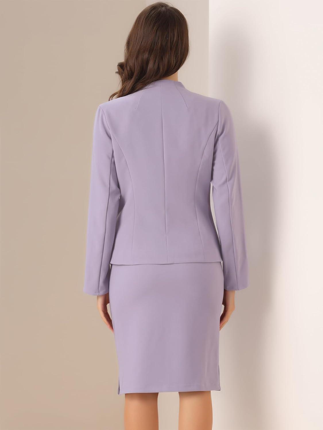 imageAllegra K Suits 2 Piece Skirt Set for Womens Business Office Outfits Collarless Blazer Pencil Skirts Suit SetsGrey Purple