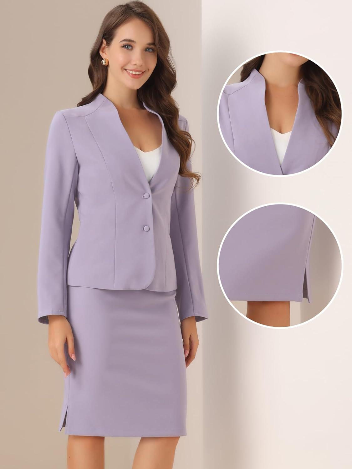 imageAllegra K Suits 2 Piece Skirt Set for Womens Business Office Outfits Collarless Blazer Pencil Skirts Suit SetsGrey Purple