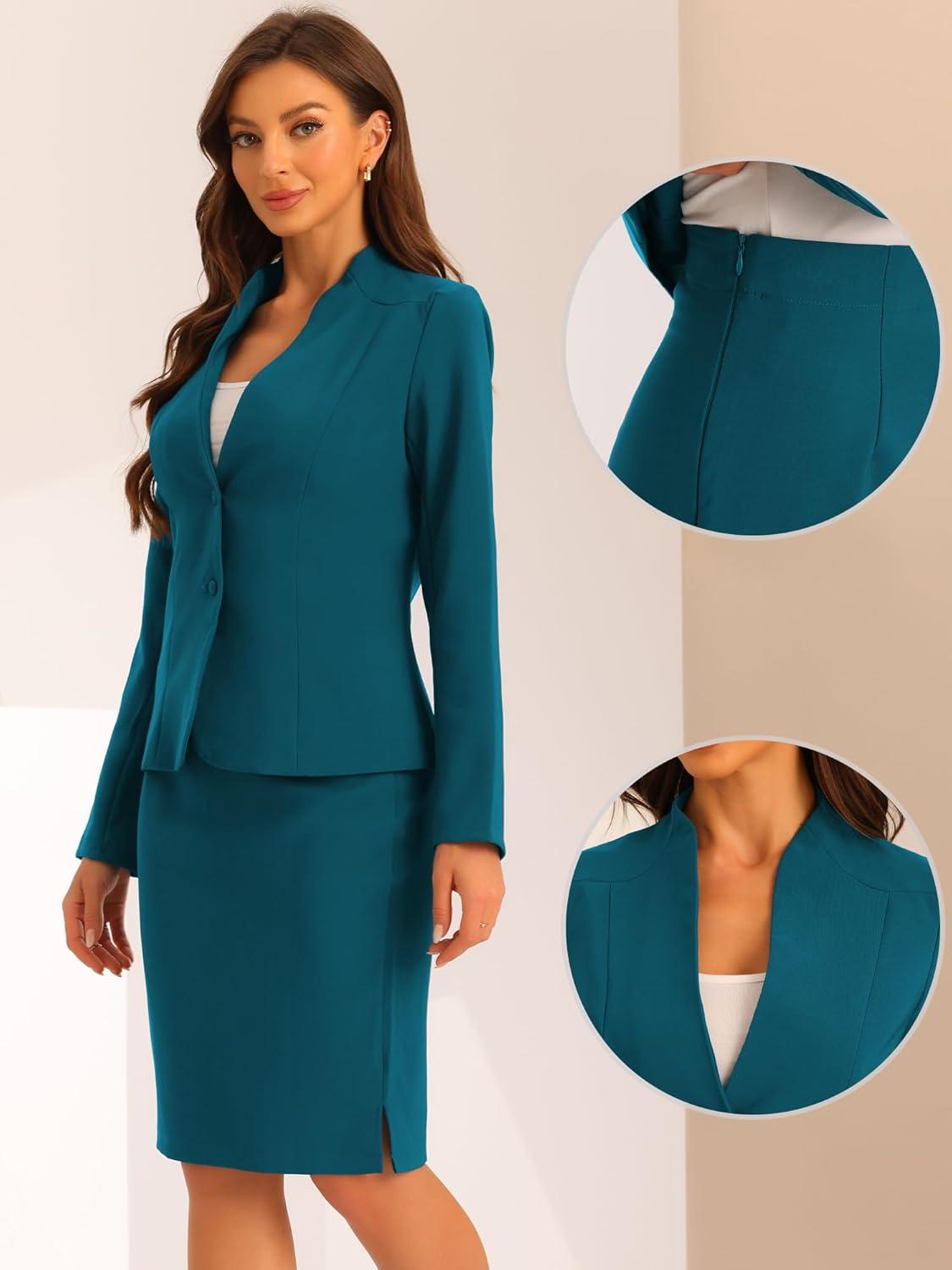 imageAllegra K Suits 2 Piece Skirt Set for Womens Business Office Outfits Collarless Blazer Pencil Skirts Suit SetsLake Blue