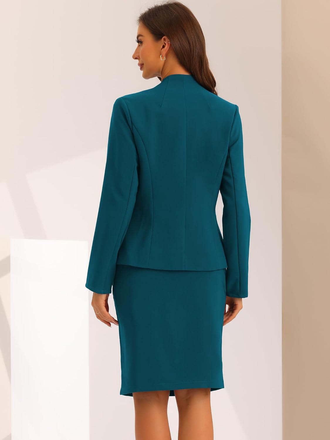 imageAllegra K Suits 2 Piece Skirt Set for Womens Business Office Outfits Collarless Blazer Pencil Skirts Suit SetsLake Blue
