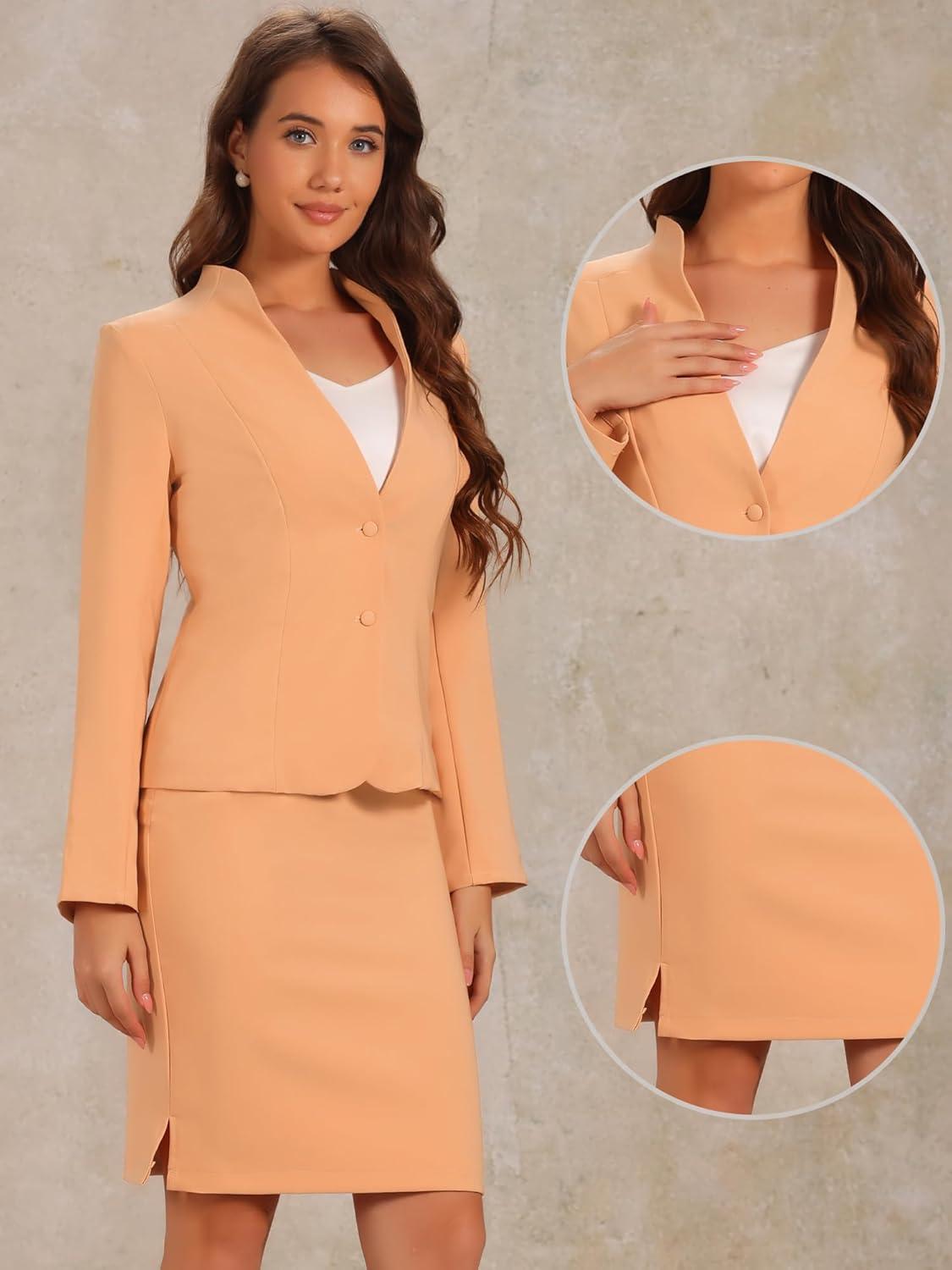imageAllegra K Suits 2 Piece Skirt Set for Womens Business Office Outfits Collarless Blazer Pencil Skirts Suit SetsLight Orange