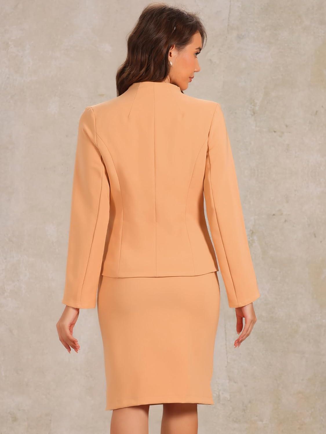 imageAllegra K Suits 2 Piece Skirt Set for Womens Business Office Outfits Collarless Blazer Pencil Skirts Suit SetsLight Orange