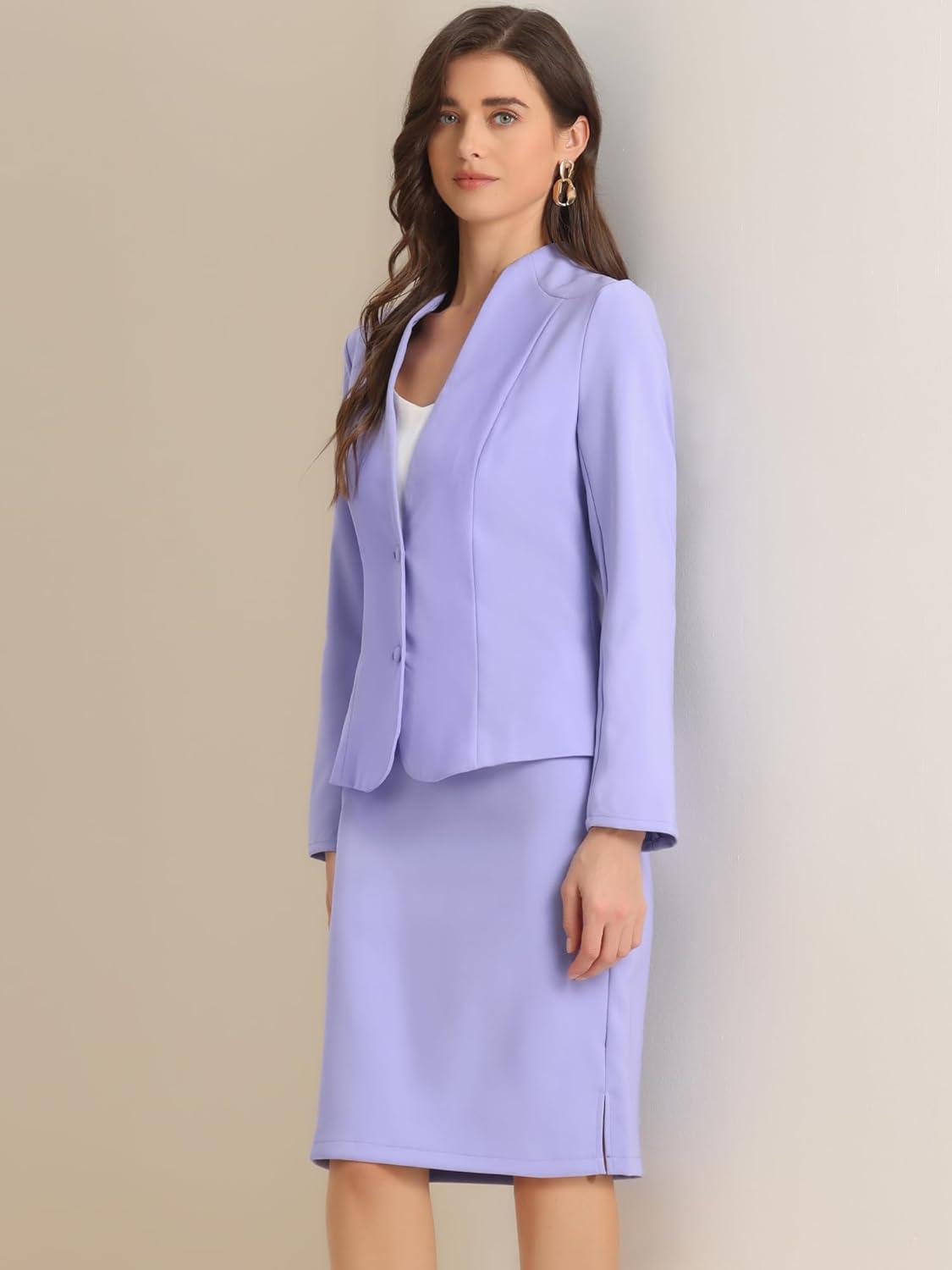 imageAllegra K Suits 2 Piece Skirt Set for Womens Business Office Outfits Collarless Blazer Pencil Skirts Suit SetsLight Purple