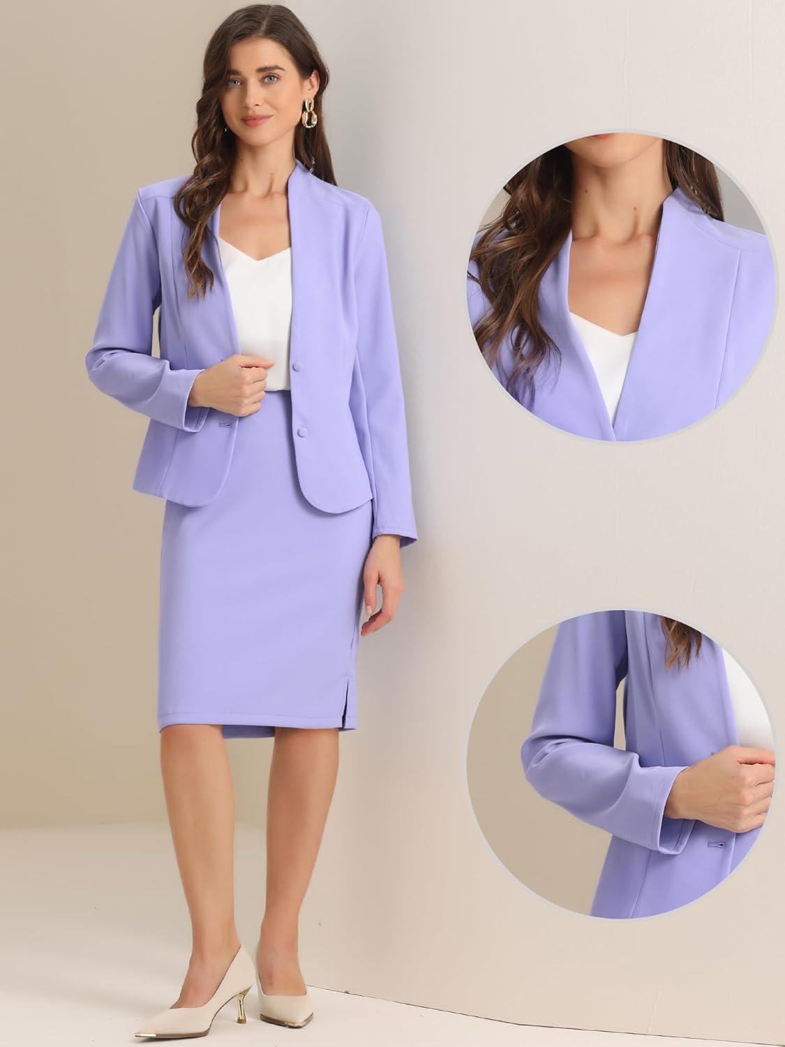 imageAllegra K Suits 2 Piece Skirt Set for Womens Business Office Outfits Collarless Blazer Pencil Skirts Suit SetsLight Purple