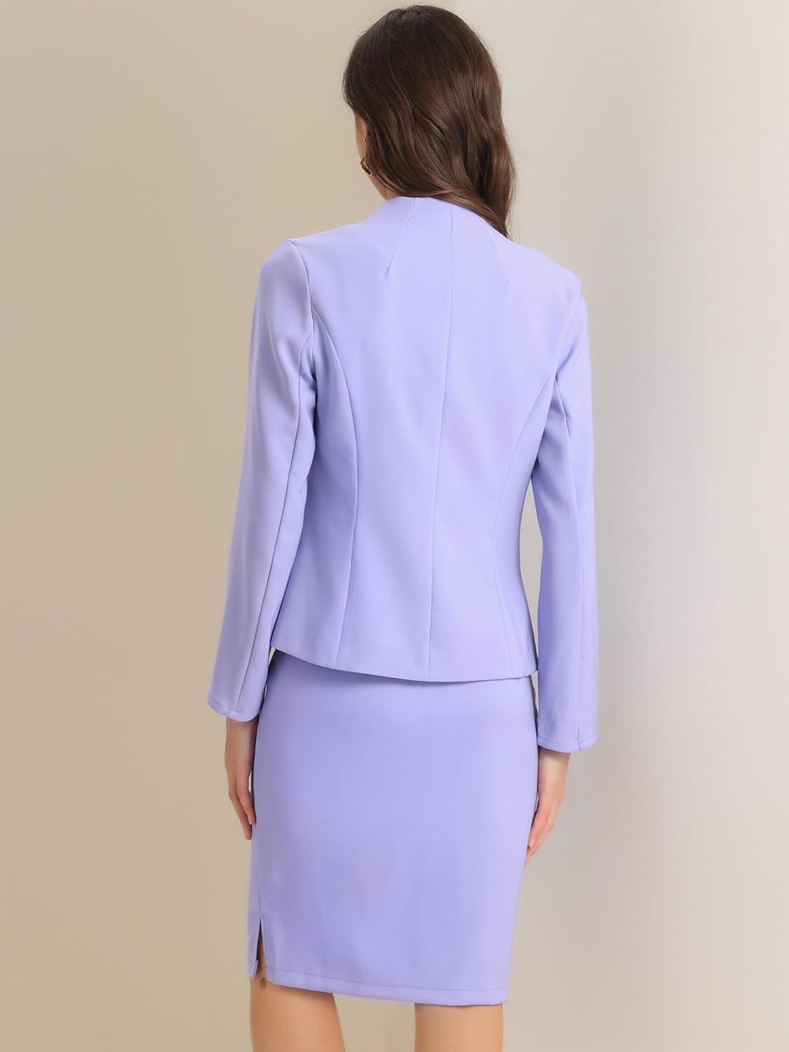 imageAllegra K Suits 2 Piece Skirt Set for Womens Business Office Outfits Collarless Blazer Pencil Skirts Suit SetsLight Purple