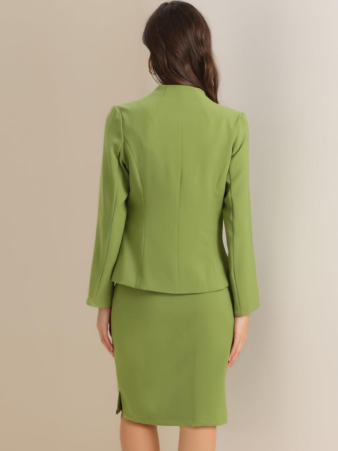 imageAllegra K Suits 2 Piece Skirt Set for Womens Business Office Outfits Collarless Blazer Pencil Skirts Suit SetsOlive Green