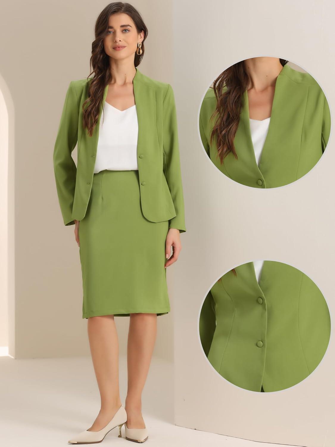 imageAllegra K Suits 2 Piece Skirt Set for Womens Business Office Outfits Collarless Blazer Pencil Skirts Suit SetsOlive Green