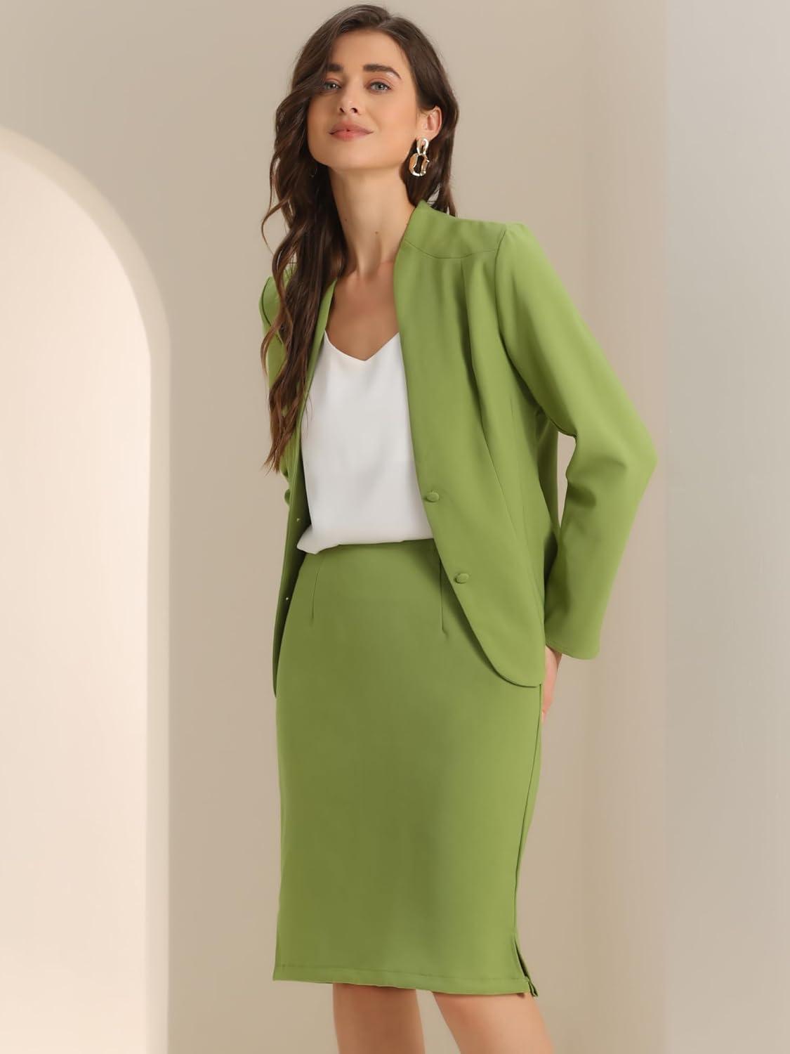 imageAllegra K Suits 2 Piece Skirt Set for Womens Business Office Outfits Collarless Blazer Pencil Skirts Suit SetsOlive Green