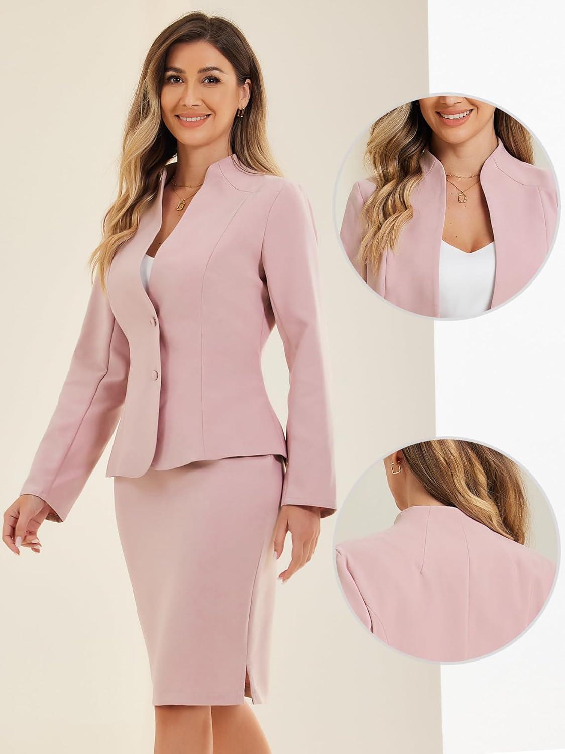 imageAllegra K Suits 2 Piece Skirt Set for Womens Business Office Outfits Collarless Blazer Pencil Skirts Suit SetsPink