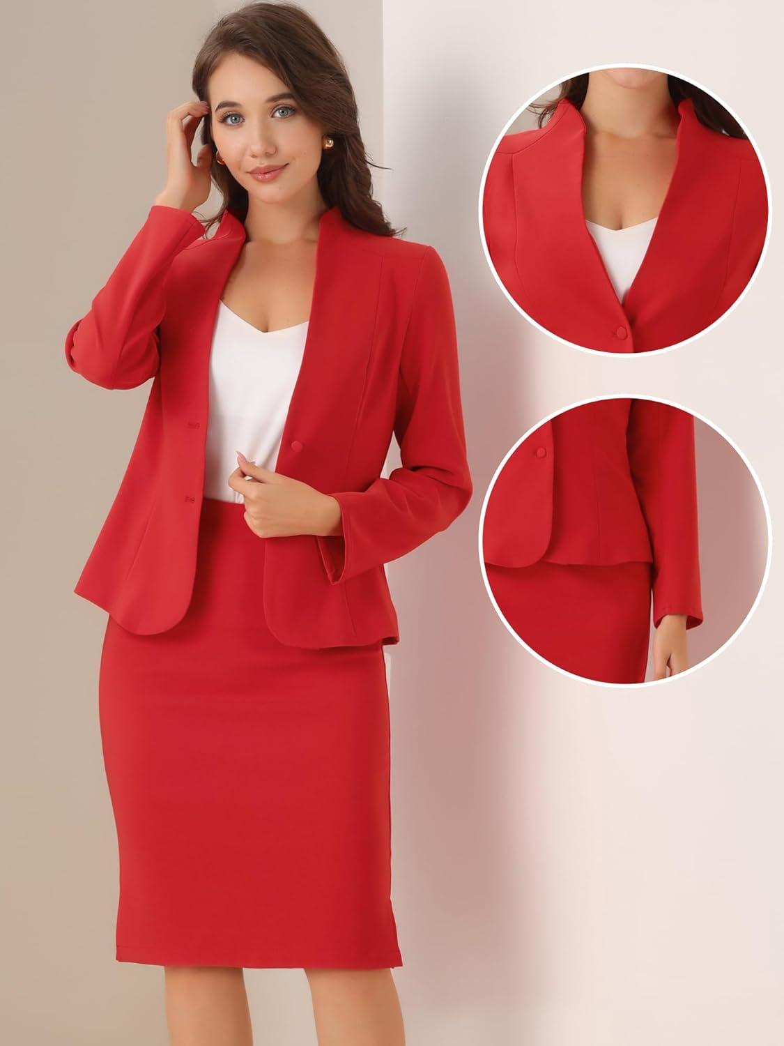 imageAllegra K Suits 2 Piece Skirt Set for Womens Business Office Outfits Collarless Blazer Pencil Skirts Suit SetsRed