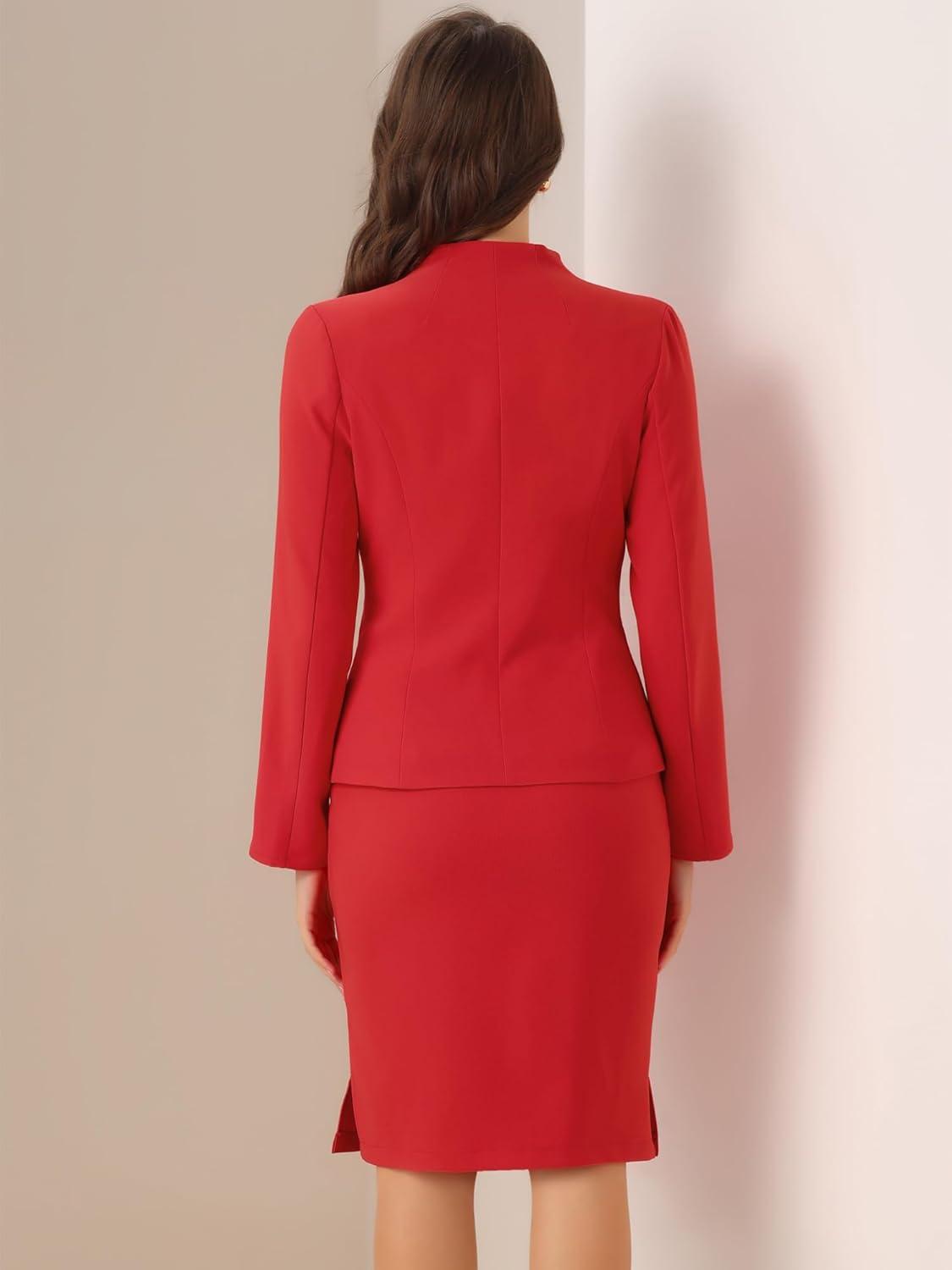 imageAllegra K Suits 2 Piece Skirt Set for Womens Business Office Outfits Collarless Blazer Pencil Skirts Suit SetsRed