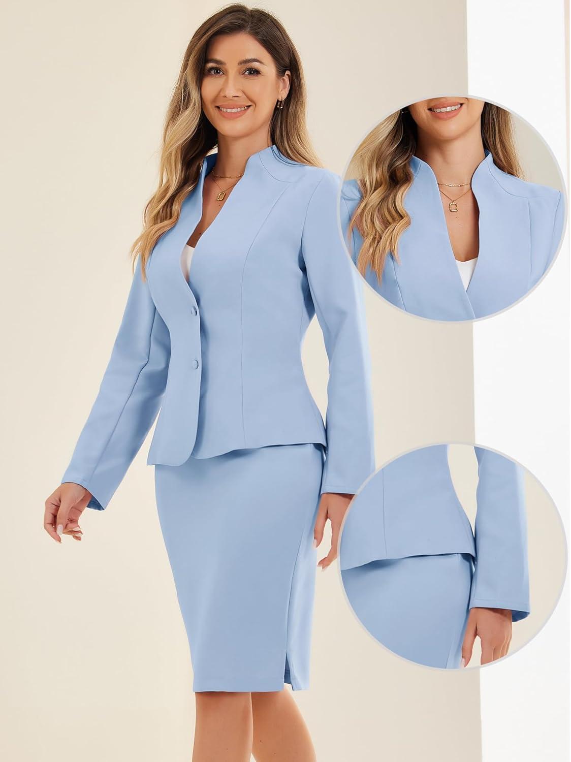 imageAllegra K Suits 2 Piece Skirt Set for Womens Business Office Outfits Collarless Blazer Pencil Skirts Suit SetsSky Blue