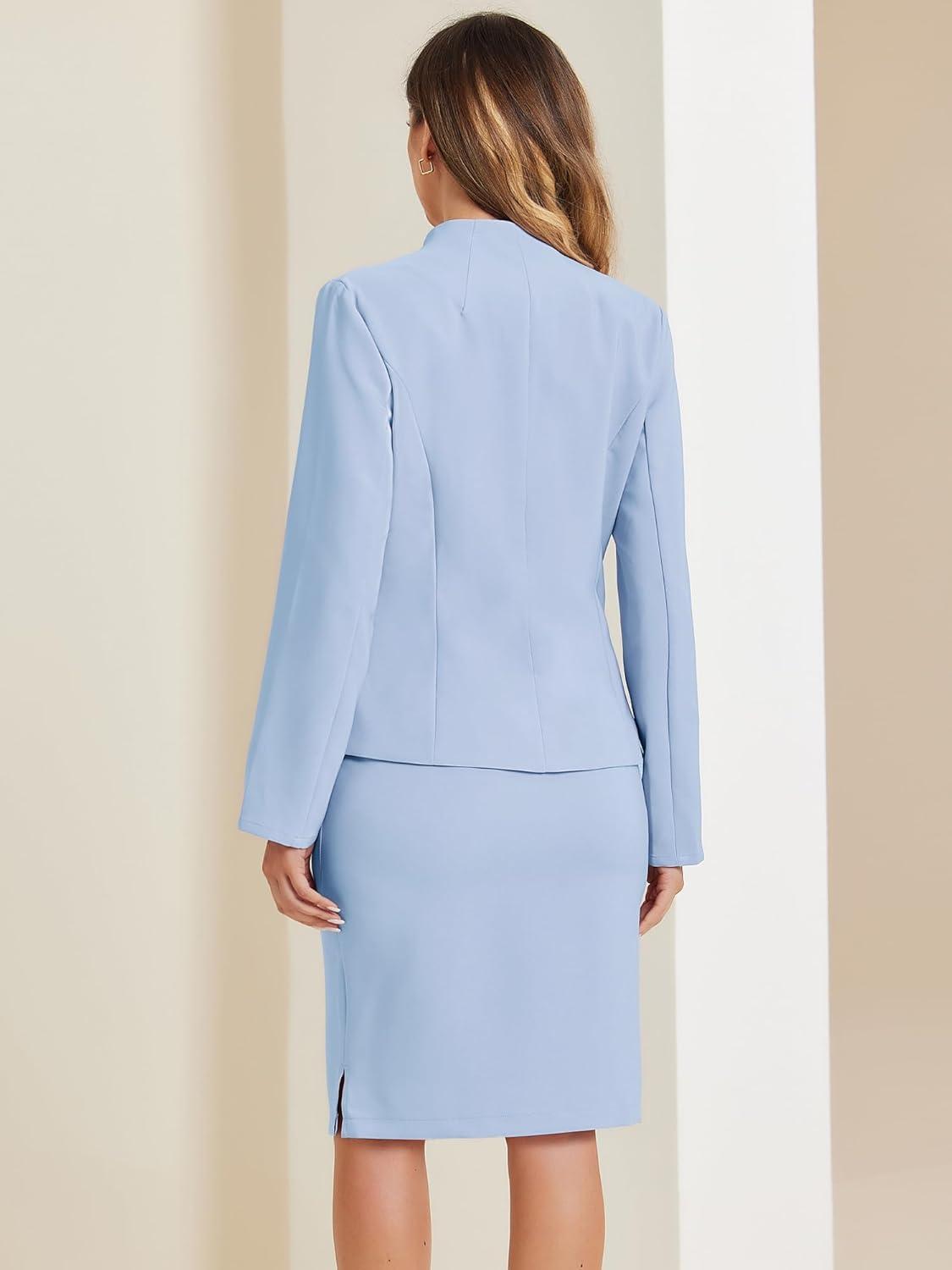 imageAllegra K Suits 2 Piece Skirt Set for Womens Business Office Outfits Collarless Blazer Pencil Skirts Suit SetsSky Blue