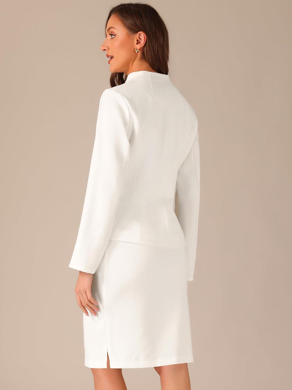 imageAllegra K Suits 2 Piece Skirt Set for Womens Business Office Outfits Collarless Blazer Pencil Skirts Suit SetsWhite