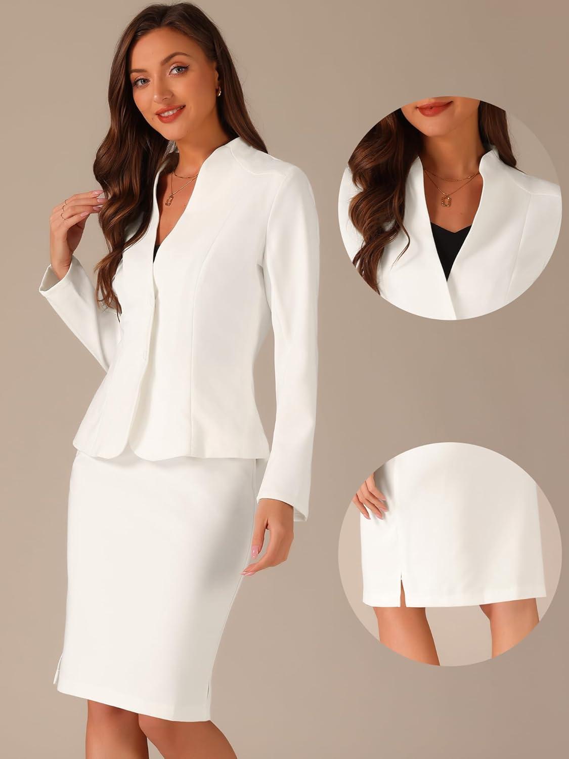 imageAllegra K Suits 2 Piece Skirt Set for Womens Business Office Outfits Collarless Blazer Pencil Skirts Suit SetsWhite