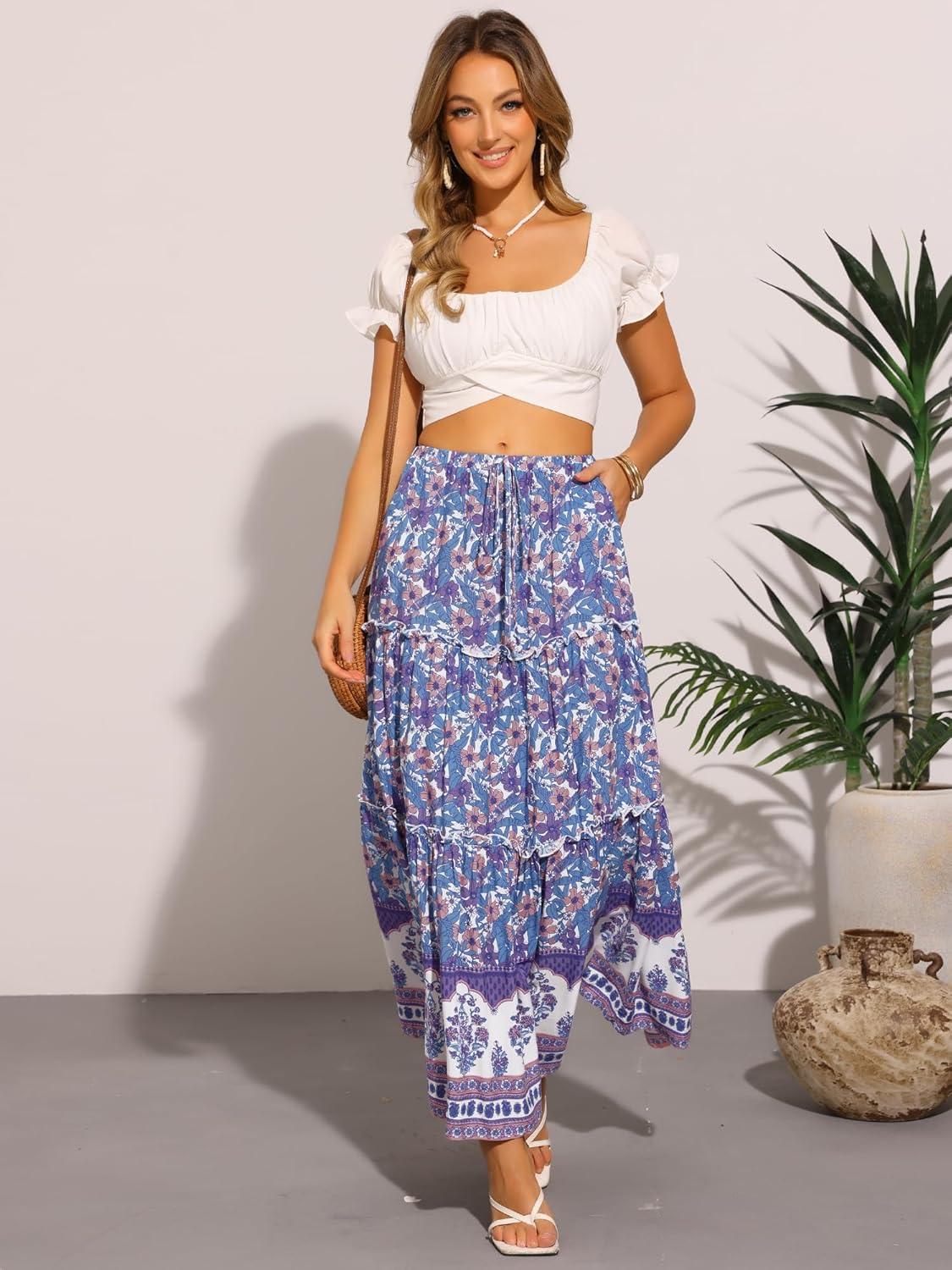 imageAllegra K Summer Boho Maxi Skirts for Womens Floral Flowy Ruffle Skirt with Pockets ALine Tiered Long SkirtsBlue Purple