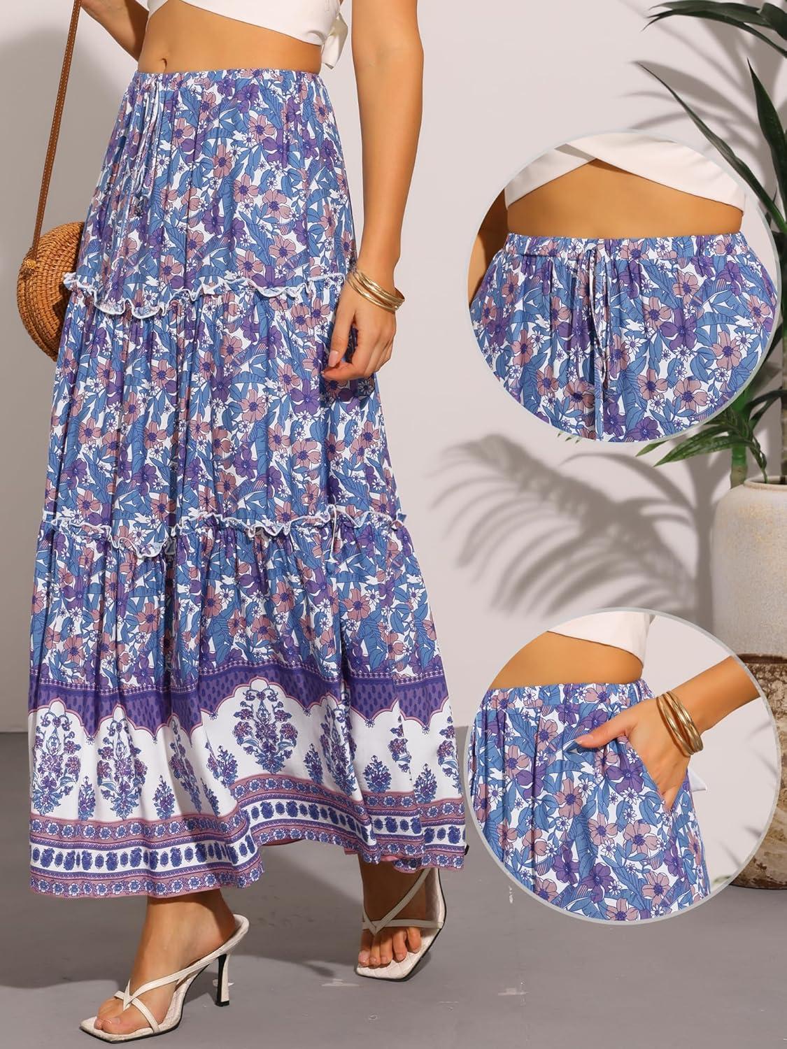 imageAllegra K Summer Boho Maxi Skirts for Womens Floral Flowy Ruffle Skirt with Pockets ALine Tiered Long SkirtsBlue Purple