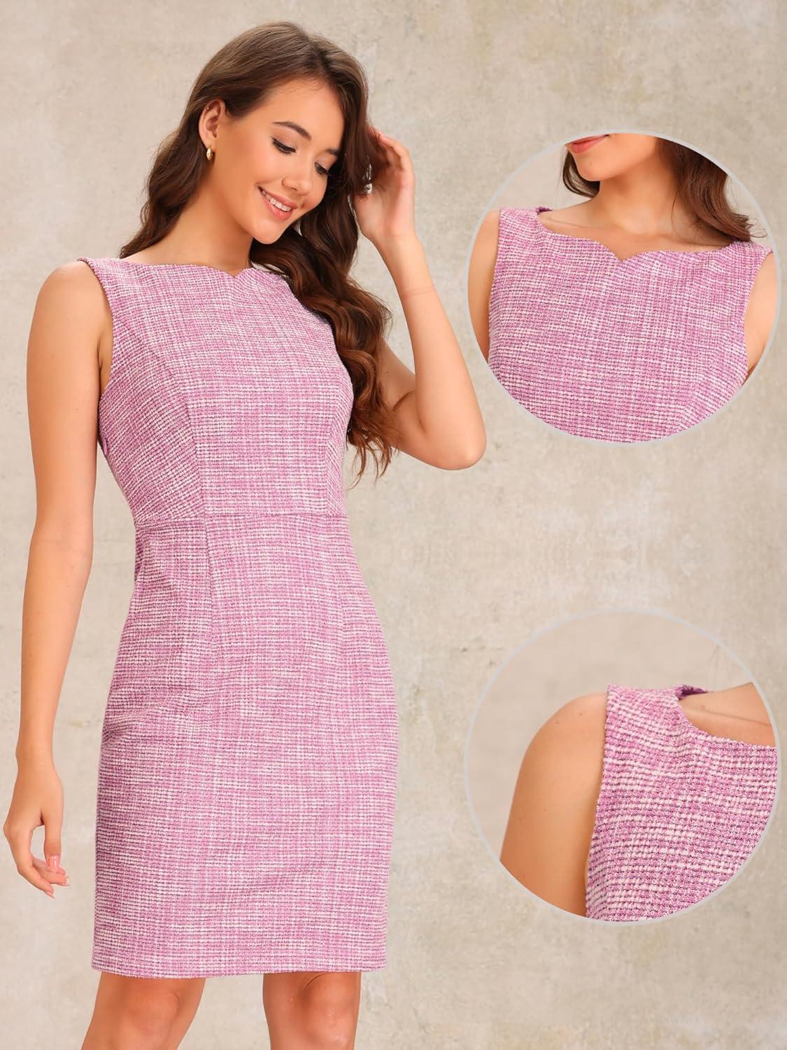 imageAllegra K Tweed Dress for Womens Business Boat Neck Sleeveless Plaid Sheath DressesPink