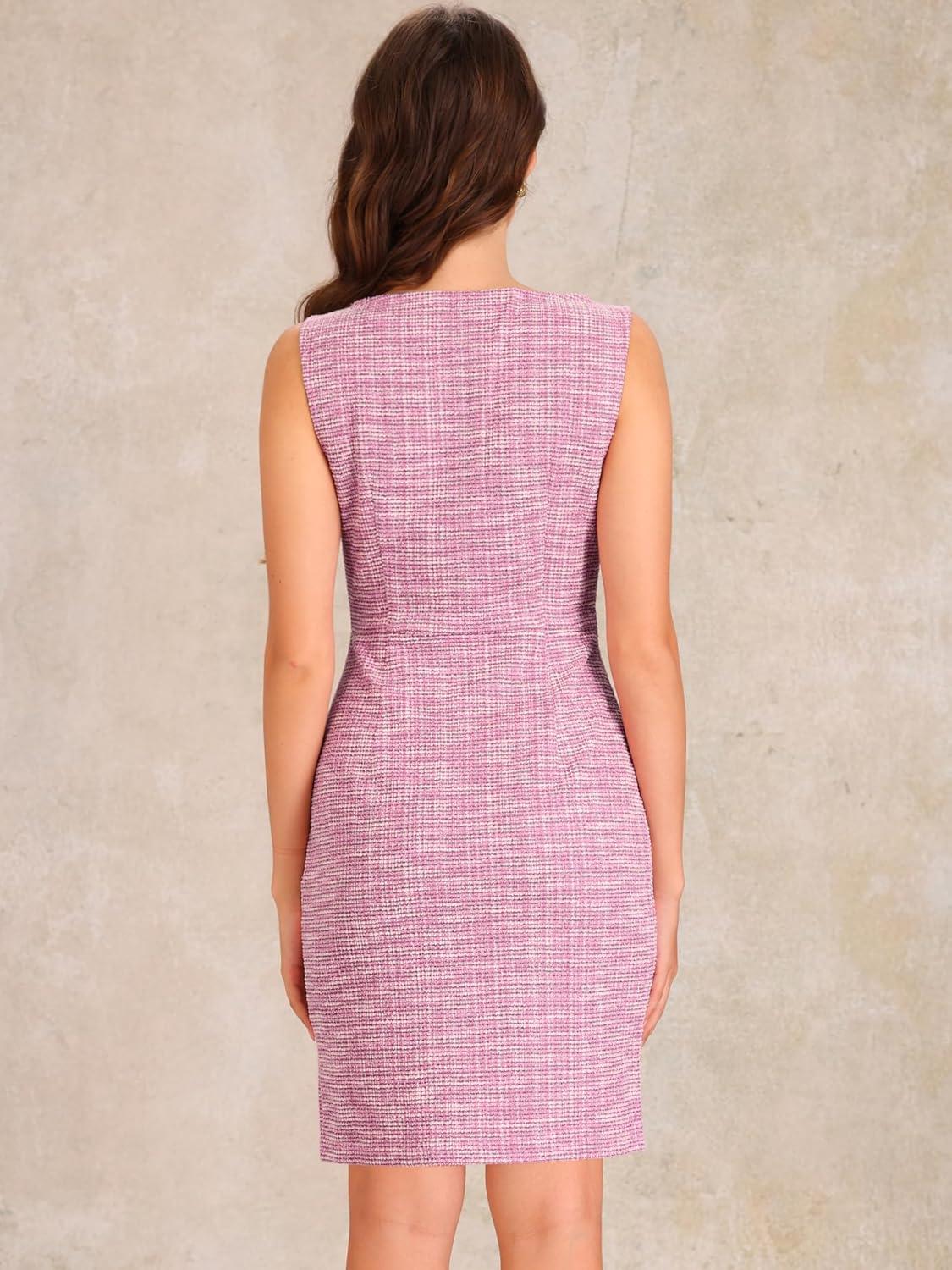 imageAllegra K Tweed Dress for Womens Business Boat Neck Sleeveless Plaid Sheath DressesPink