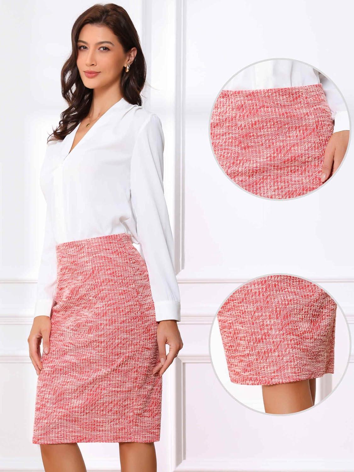 imageAllegra K Tweed Skirt for Womens Office Work High Waist Split Bodycon Plaid Pencil SkirtsRed
