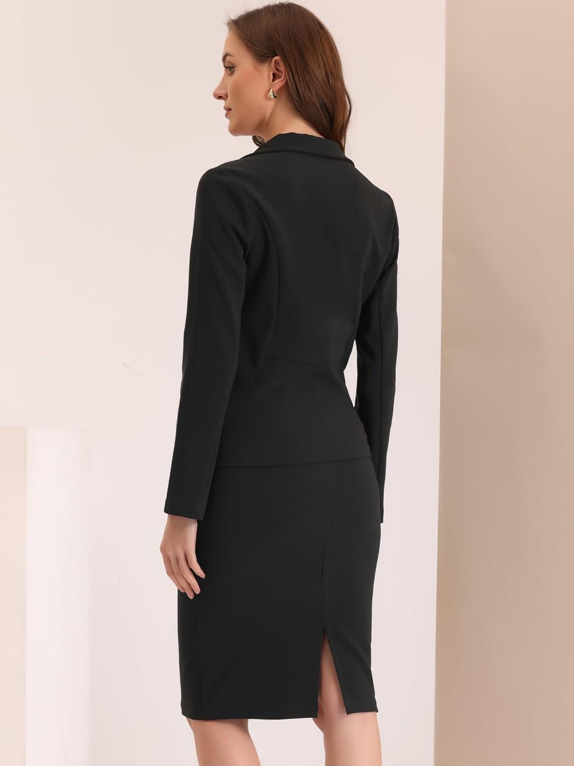 imageAllegra K Womens 2 Piece Skirt Suit Set Business Long Sleeve Blazer and Pencil Skirt OutfitsBlack