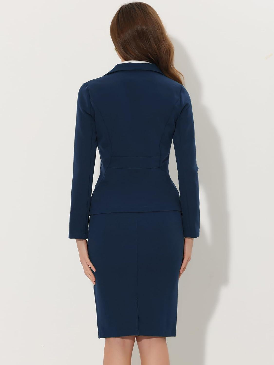imageAllegra K Womens 2 Piece Skirt Suit Set Business Long Sleeve Blazer and Pencil Skirt OutfitsDark Blue