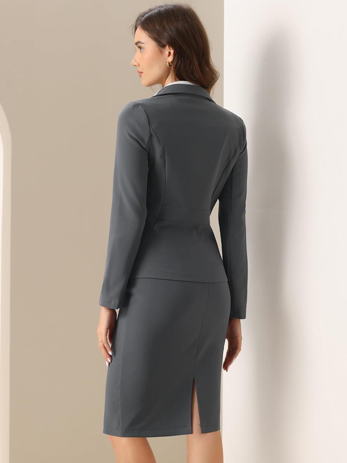 imageAllegra K Womens 2 Piece Skirt Suit Set Business Long Sleeve Blazer and Pencil Skirt OutfitsDark Gray