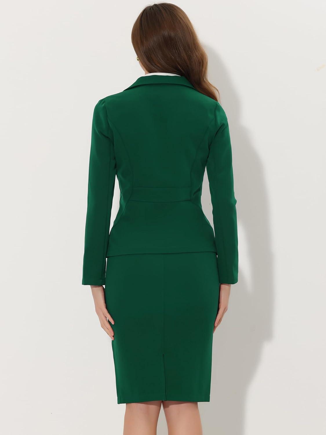 imageAllegra K Womens 2 Piece Skirt Suit Set Business Long Sleeve Blazer and Pencil Skirt OutfitsDark Green