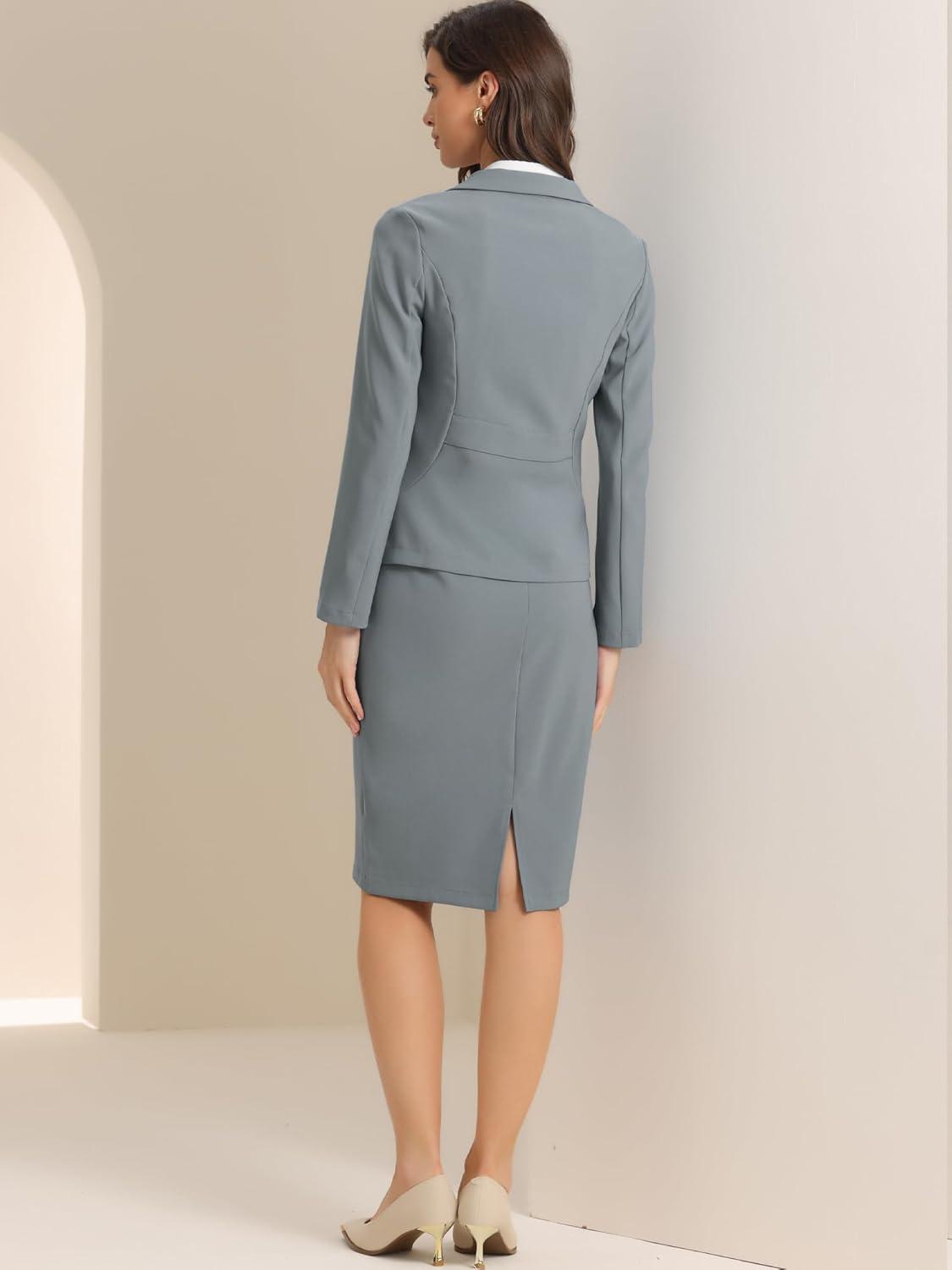 imageAllegra K Womens 2 Piece Skirt Suit Set Business Long Sleeve Blazer and Pencil Skirt OutfitsGray