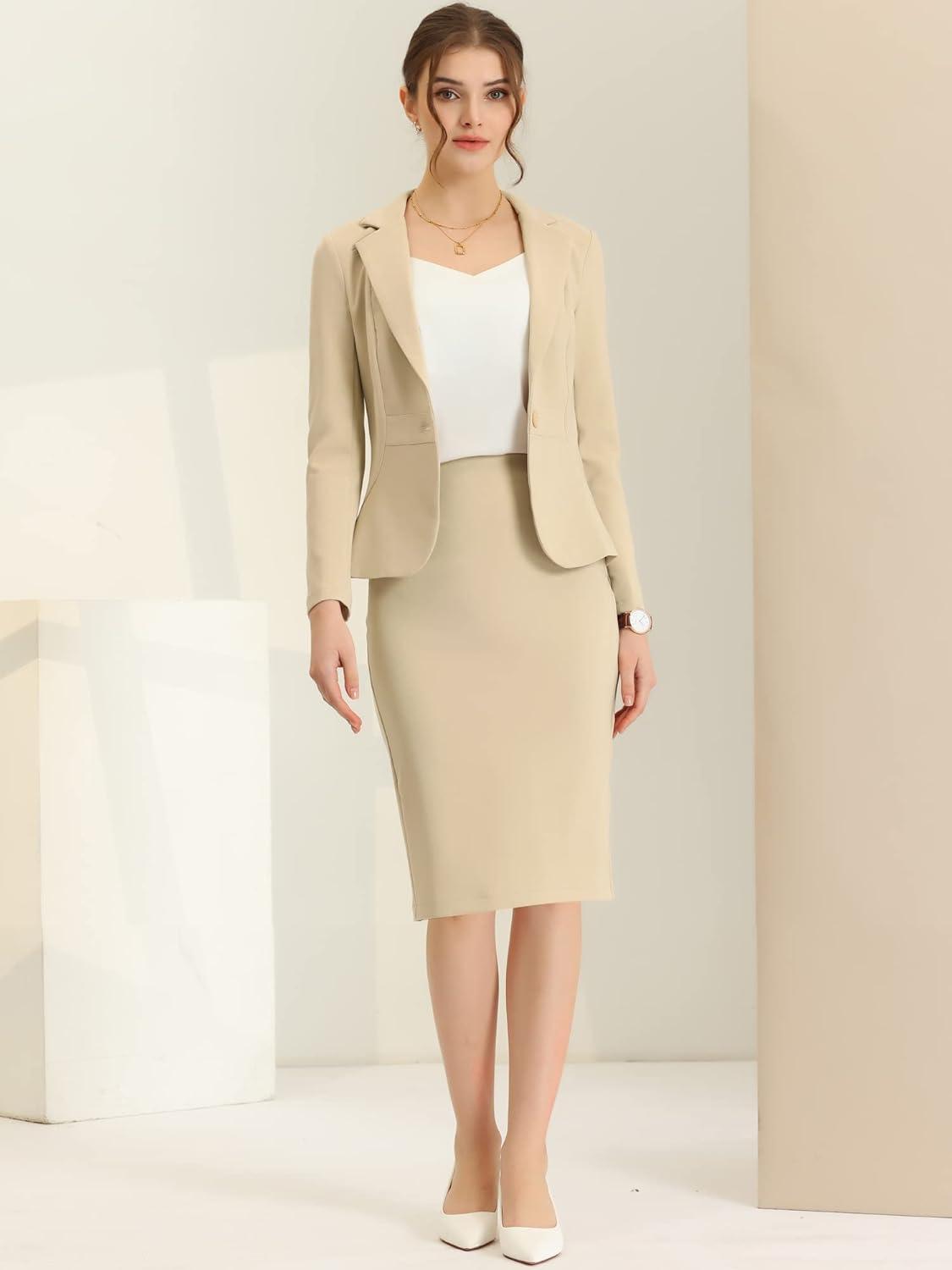 imageAllegra K Womens 2 Piece Skirt Suit Set Business Long Sleeve Blazer and Pencil Skirt OutfitsKhaki