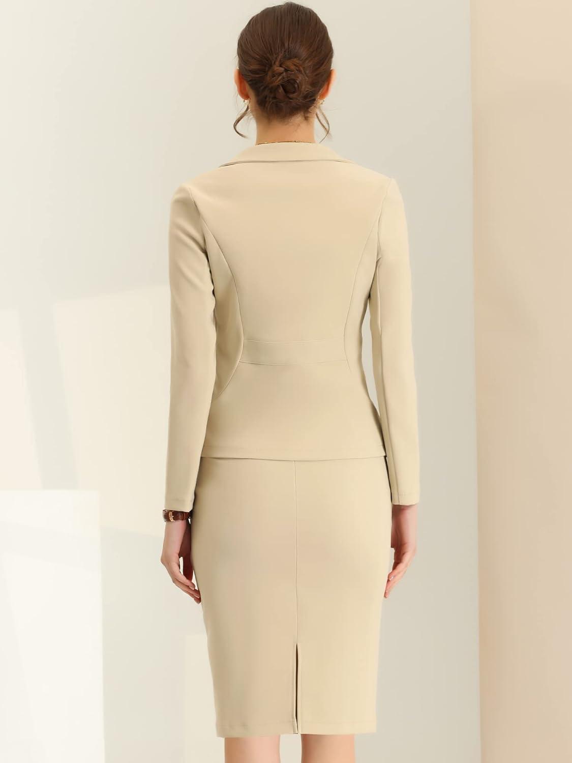 imageAllegra K Womens 2 Piece Skirt Suit Set Business Long Sleeve Blazer and Pencil Skirt OutfitsKhaki