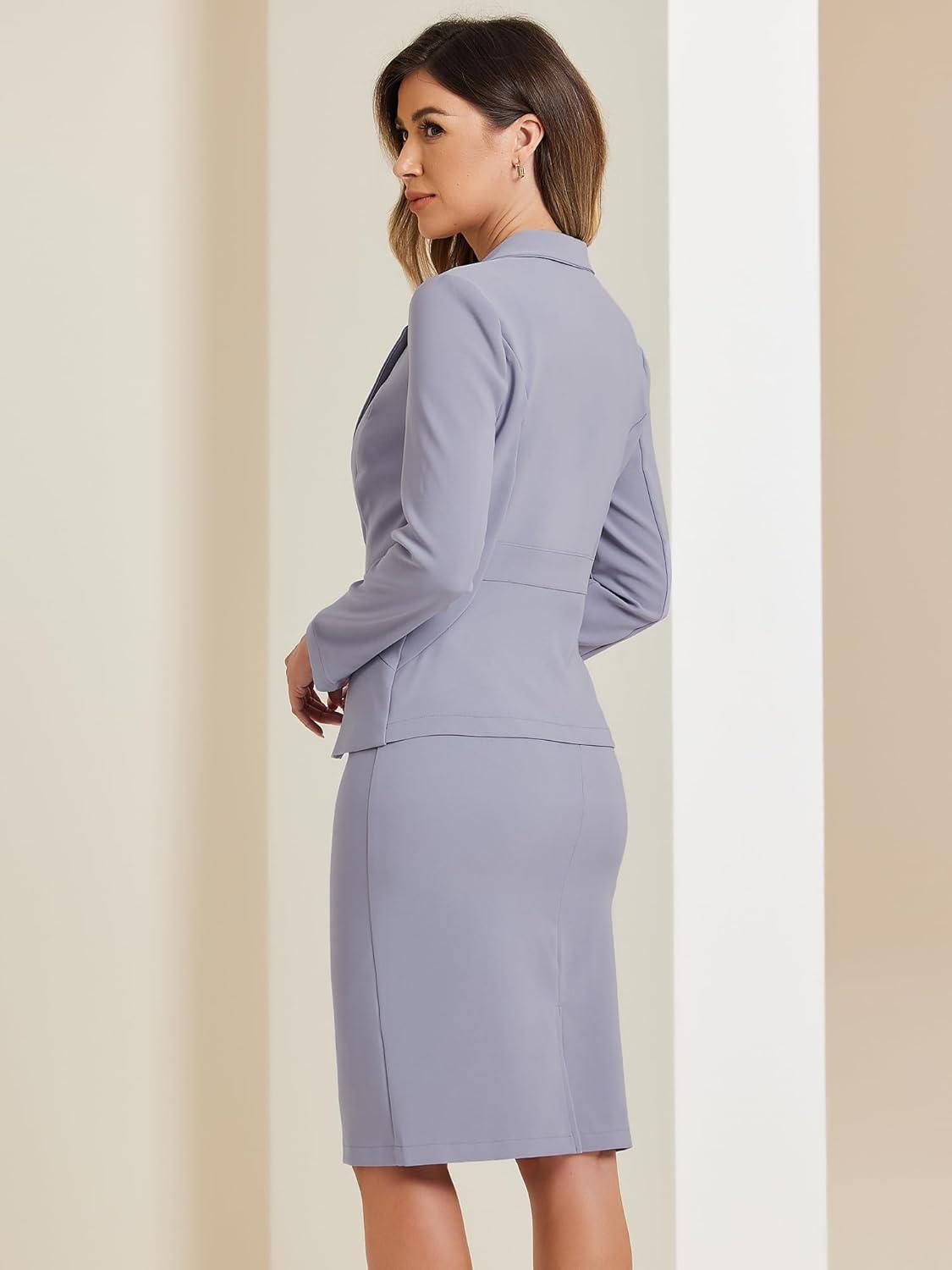 imageAllegra K Womens 2 Piece Skirt Suit Set Business Long Sleeve Blazer and Pencil Skirt OutfitsLight Purple