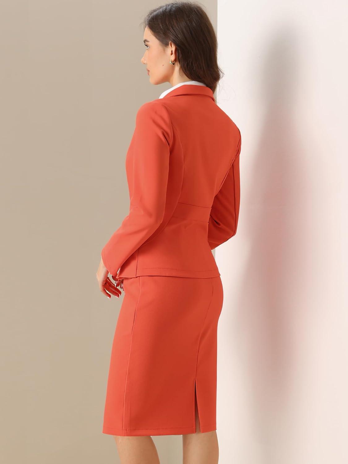 imageAllegra K Womens 2 Piece Skirt Suit Set Business Long Sleeve Blazer and Pencil Skirt OutfitsOrange