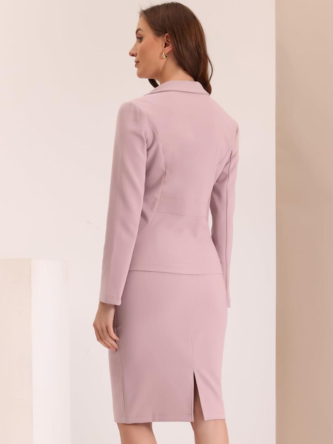 imageAllegra K Womens 2 Piece Skirt Suit Set Business Long Sleeve Blazer and Pencil Skirt OutfitsPink