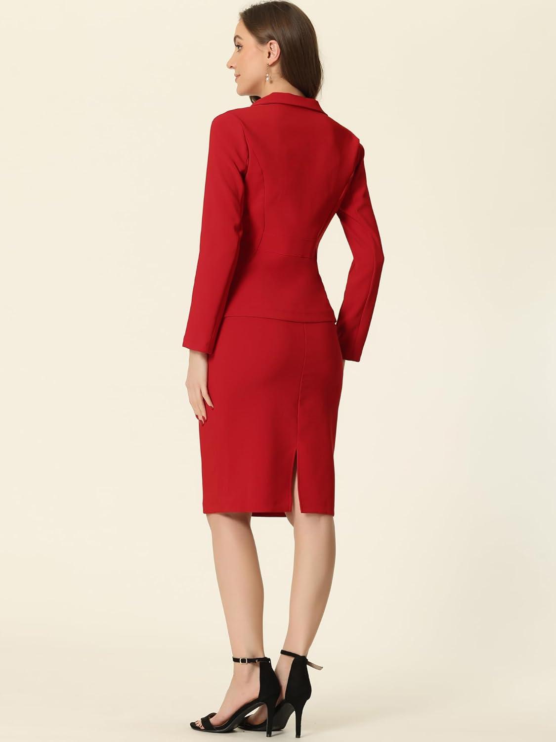 imageAllegra K Womens 2 Piece Skirt Suit Set Business Long Sleeve Blazer and Pencil Skirt OutfitsRed