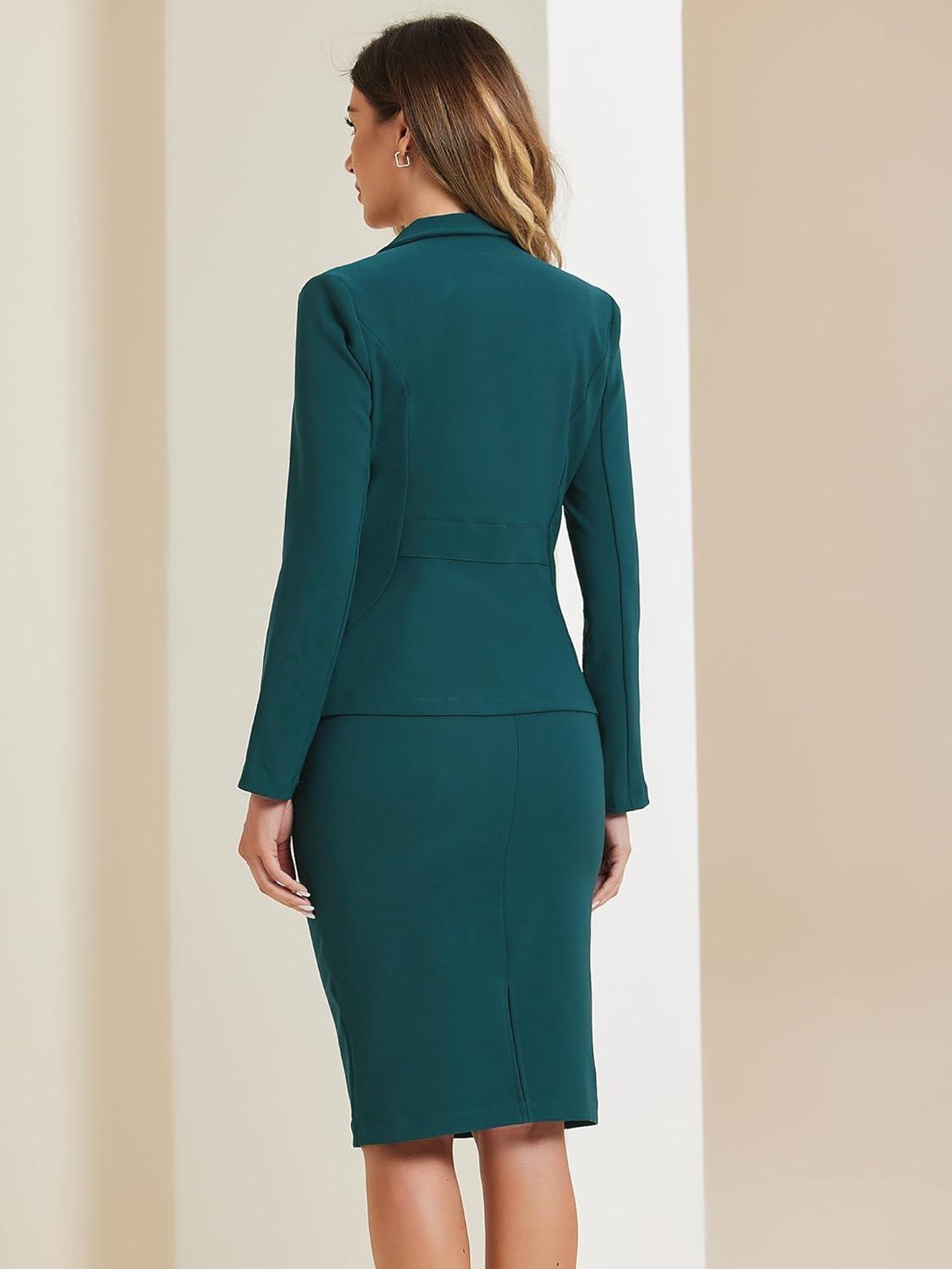 imageAllegra K Womens 2 Piece Skirt Suit Set Business Long Sleeve Blazer and Pencil Skirt OutfitsTeal Green