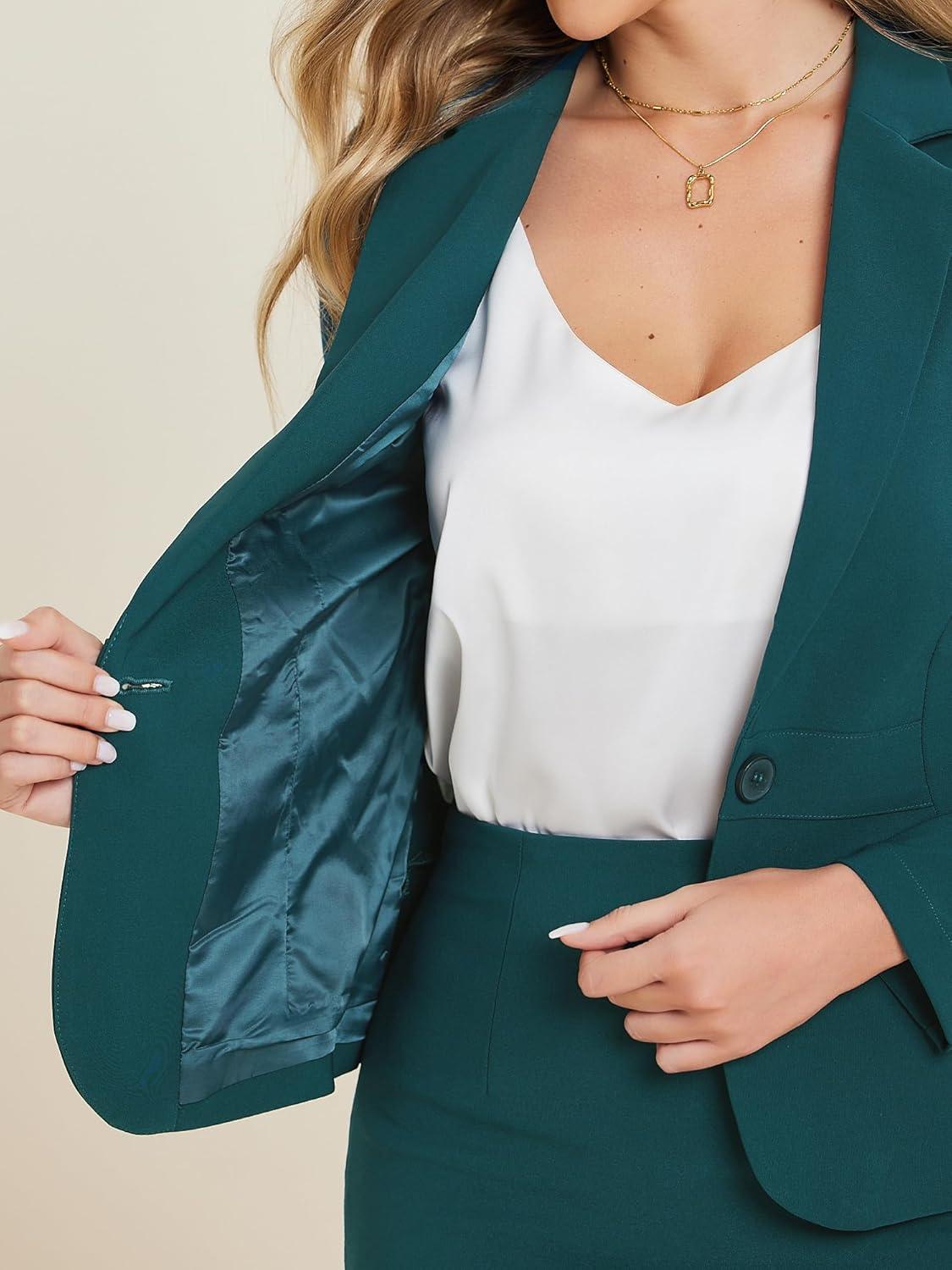 imageAllegra K Womens 2 Piece Skirt Suit Set Business Long Sleeve Blazer and Pencil Skirt OutfitsTeal Green