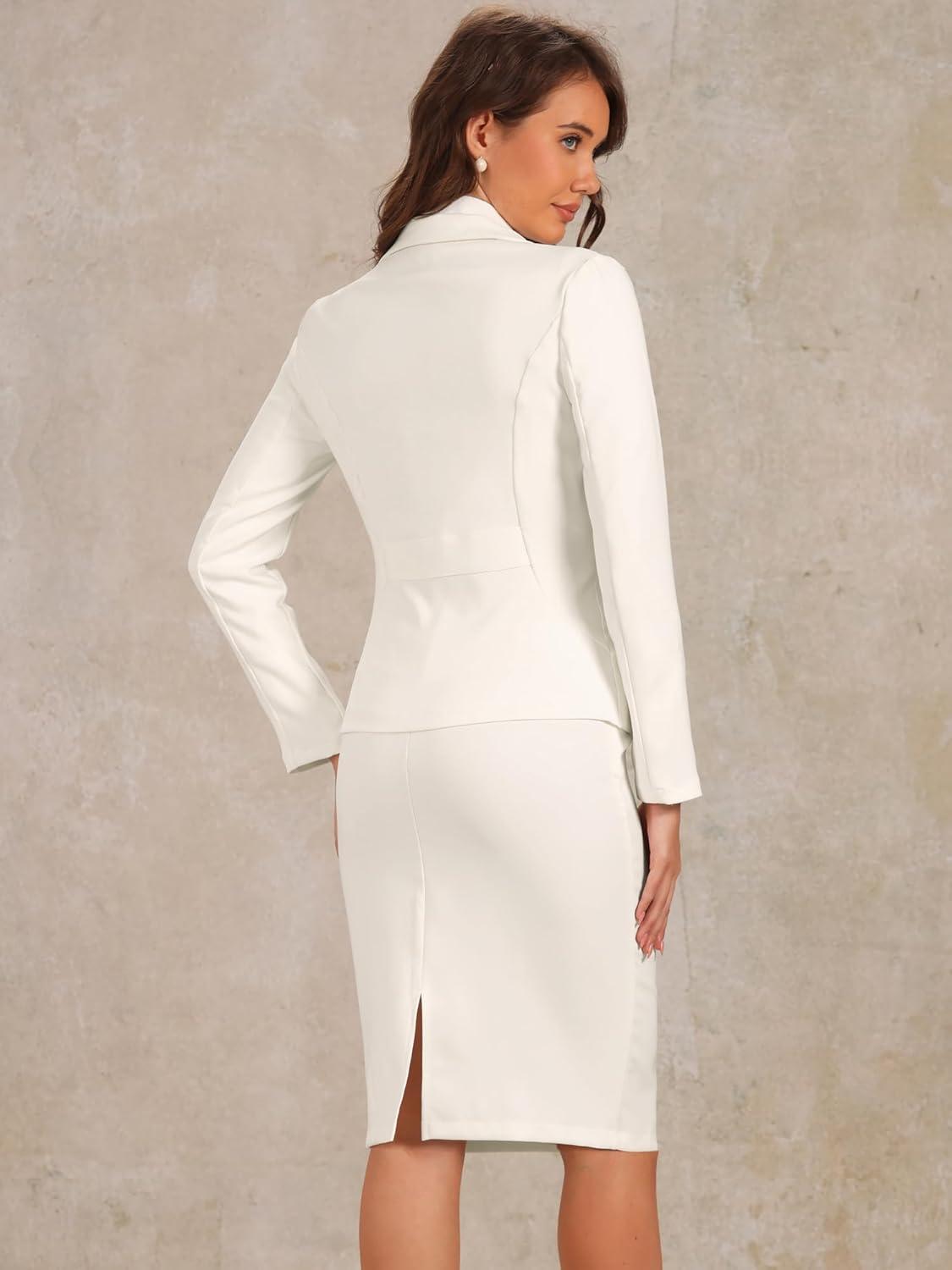 imageAllegra K Womens 2 Piece Skirt Suit Set Business Long Sleeve Blazer and Pencil Skirt OutfitsWhite