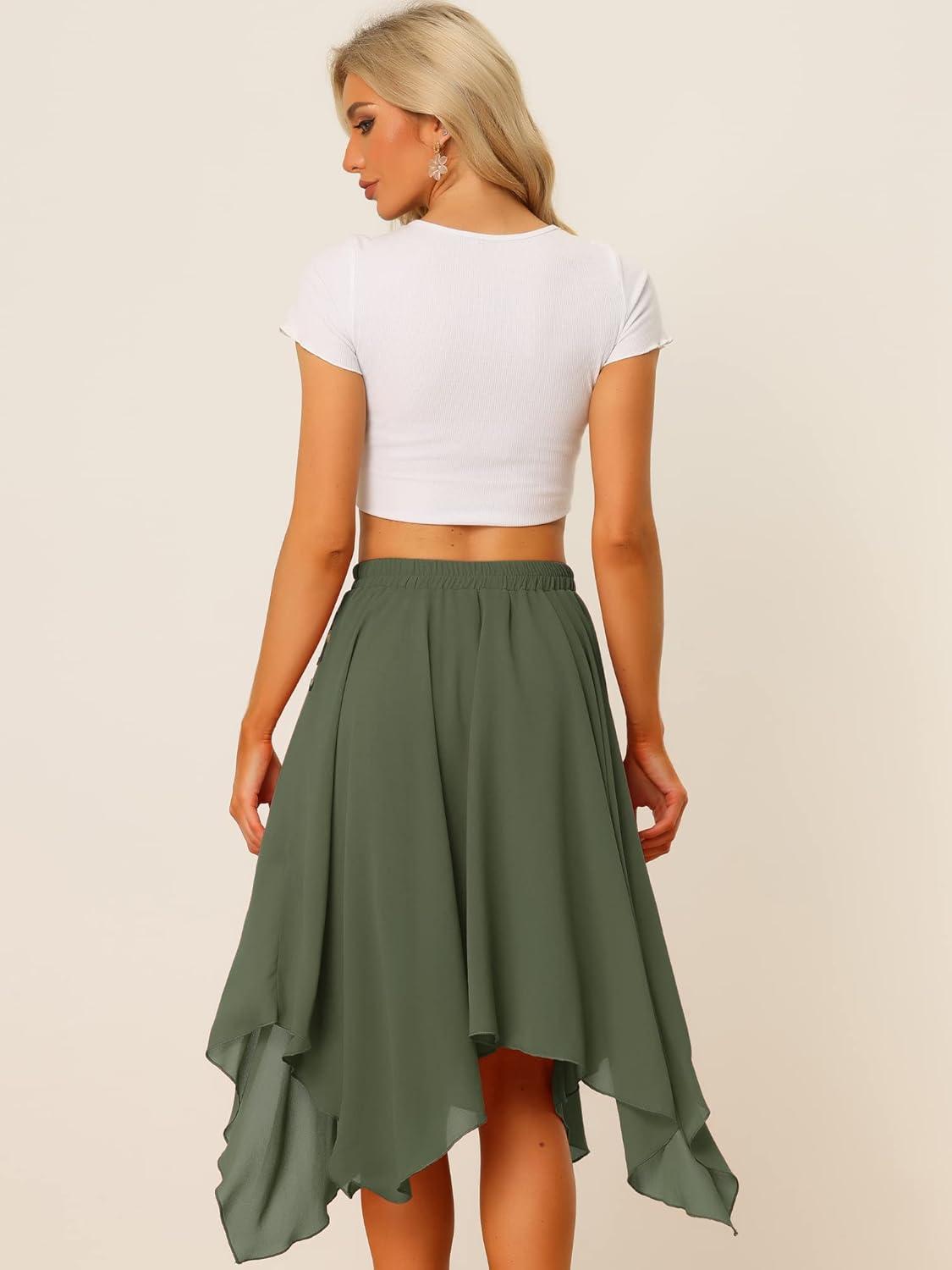 imageAllegra K Womens Asymmetrical Hem Elastic Waist Chiffon Flowy Vintage Handkerchief Hemline Midi SkirtArmy Green