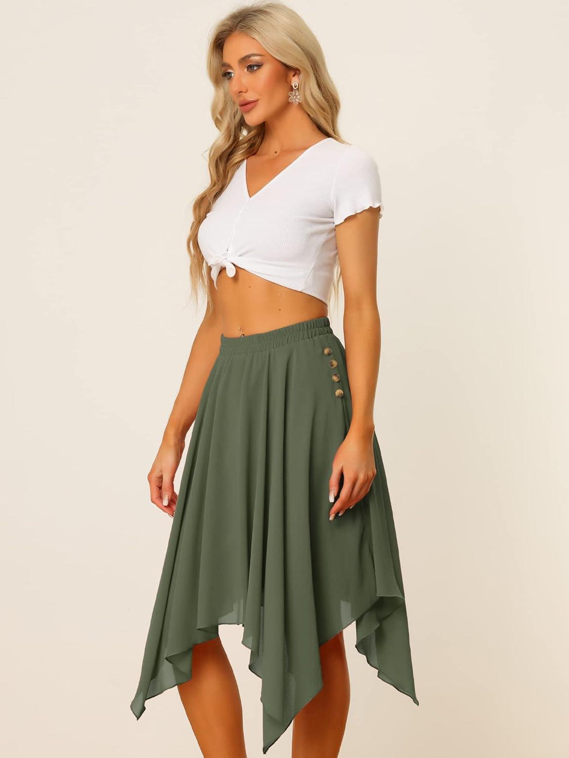imageAllegra K Womens Asymmetrical Hem Elastic Waist Chiffon Flowy Vintage Handkerchief Hemline Midi SkirtArmy Green