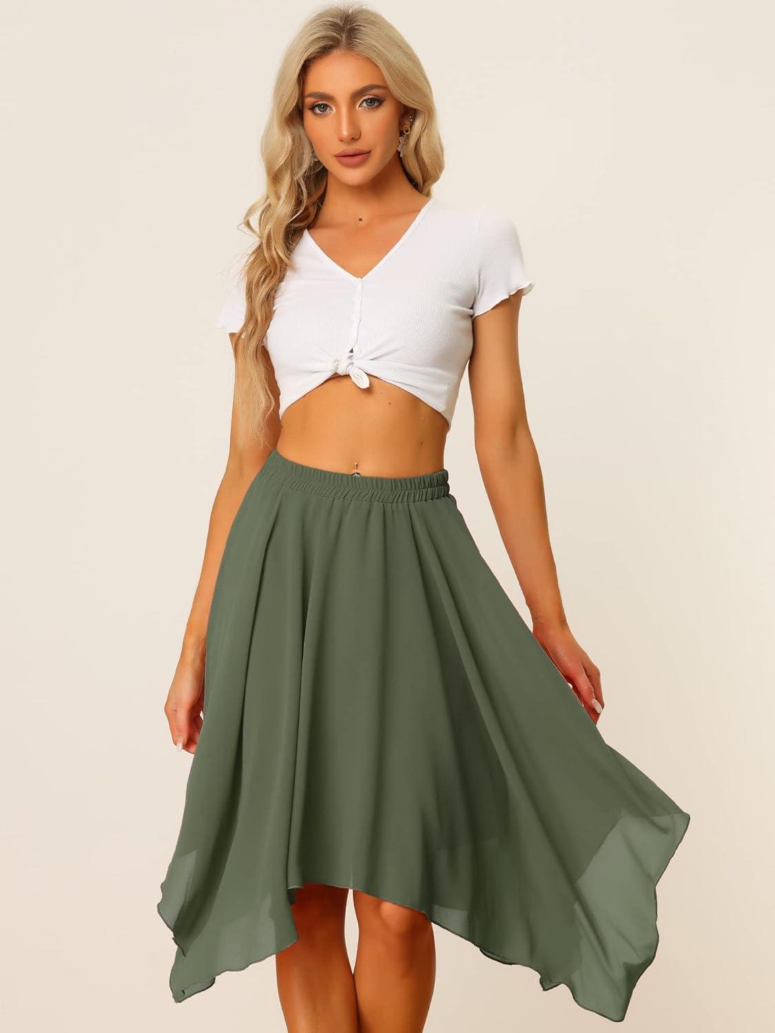 imageAllegra K Womens Asymmetrical Hem Elastic Waist Chiffon Flowy Vintage Handkerchief Hemline Midi SkirtArmy Green