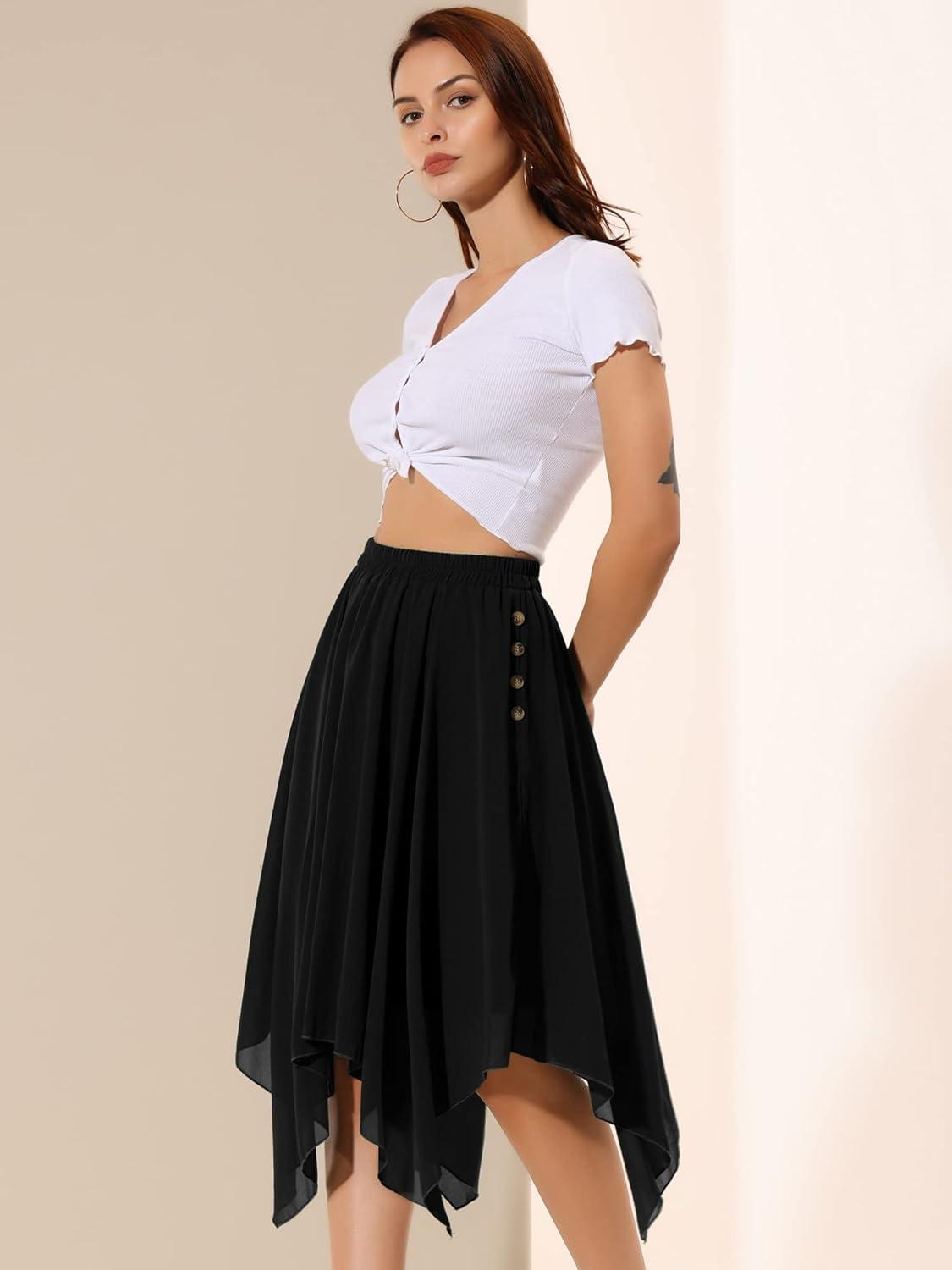 imageAllegra K Womens Asymmetrical Hem Elastic Waist Chiffon Flowy Vintage Handkerchief Hemline Midi SkirtBlack