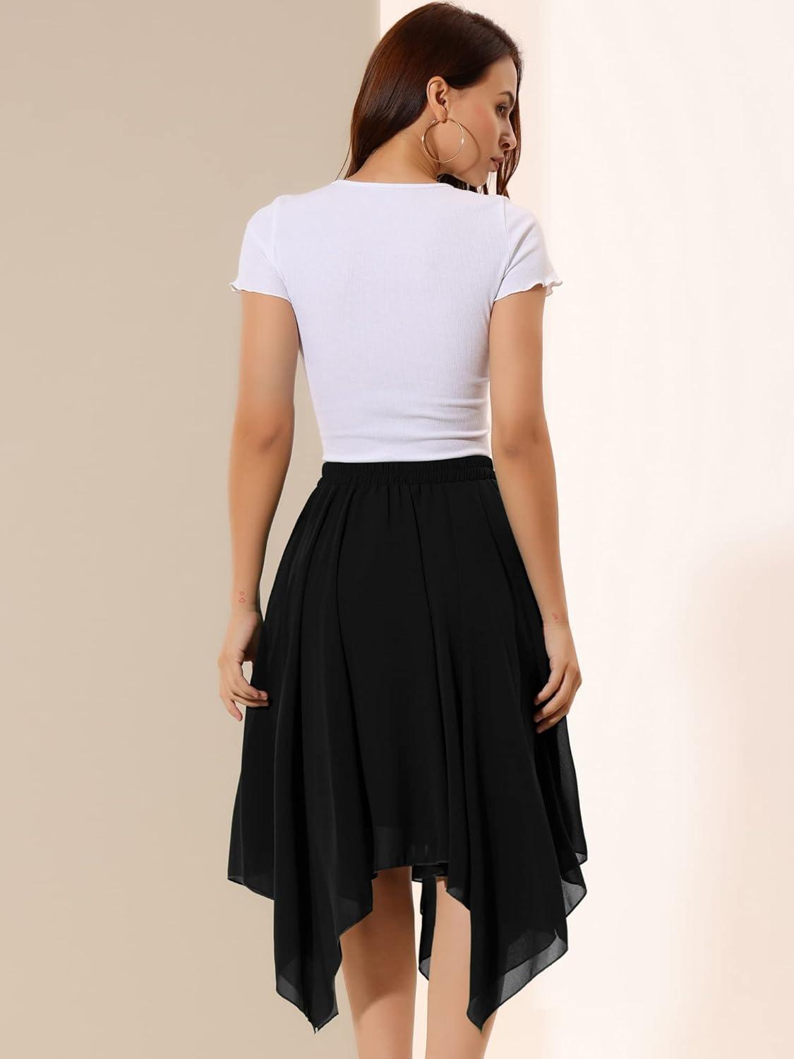 imageAllegra K Womens Asymmetrical Hem Elastic Waist Chiffon Flowy Vintage Handkerchief Hemline Midi SkirtBlack