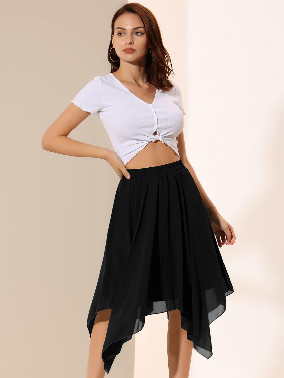 imageAllegra K Womens Asymmetrical Hem Elastic Waist Chiffon Flowy Vintage Handkerchief Hemline Midi SkirtBlack